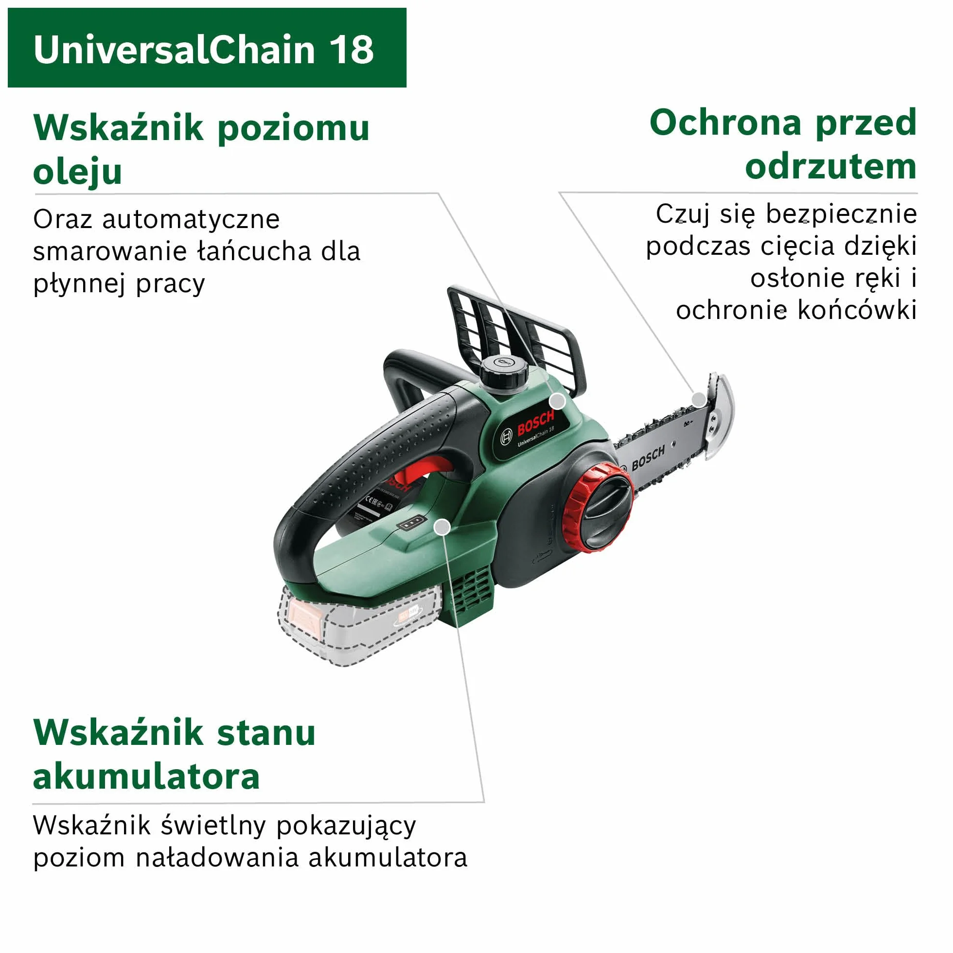 Bosch Akumulatorowa piła łańcuchowa Universalchain 18 (bez akumulatora, system 18 V, w kartonie)