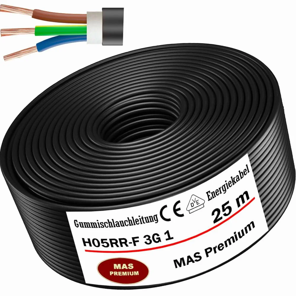 Przewód gumowy od 5 do 100 m, kabel zasilający na plac budowy H05RR-F 3G 1 mm², elastyczny przewód do urządzeń ręcznych i lekkich urządzeń (25 m)