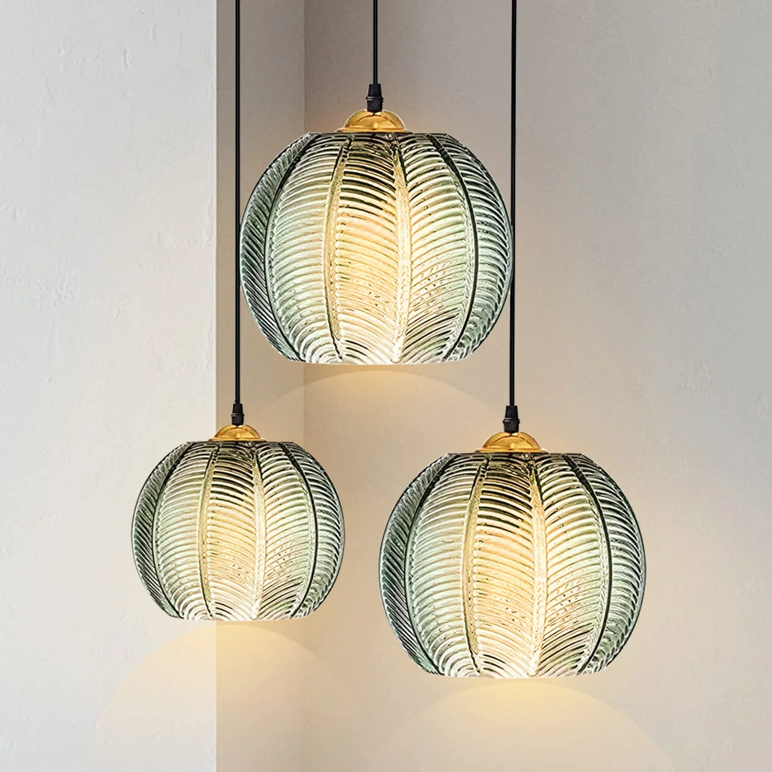 Zielona szklana lampa wisząca, 3 światła żyrandole artystyczne Nowoczesne oświetlenie Vintage zielone szklane wiszące żyrandole do kuchni wyspa sypialnia