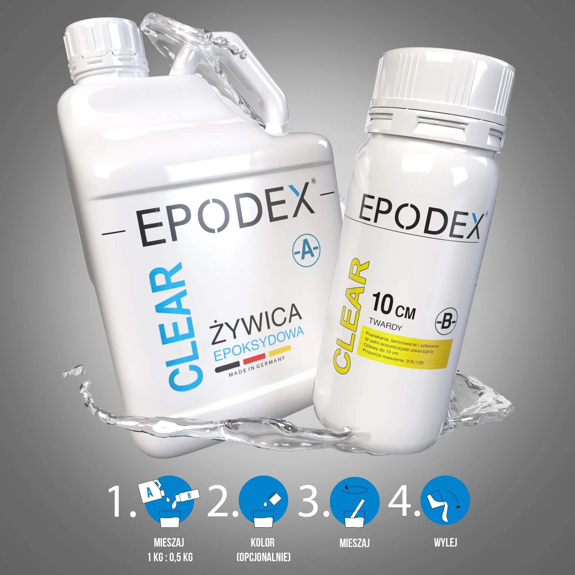 EPODEX Zestaw Żywicy Epoksydowej ECO MAX | Przezroczysta do zalewów do 10cm | Z pigmentami lub bez | Do stołów typu river table, lamp, wysokich projektów i innych zastosowań