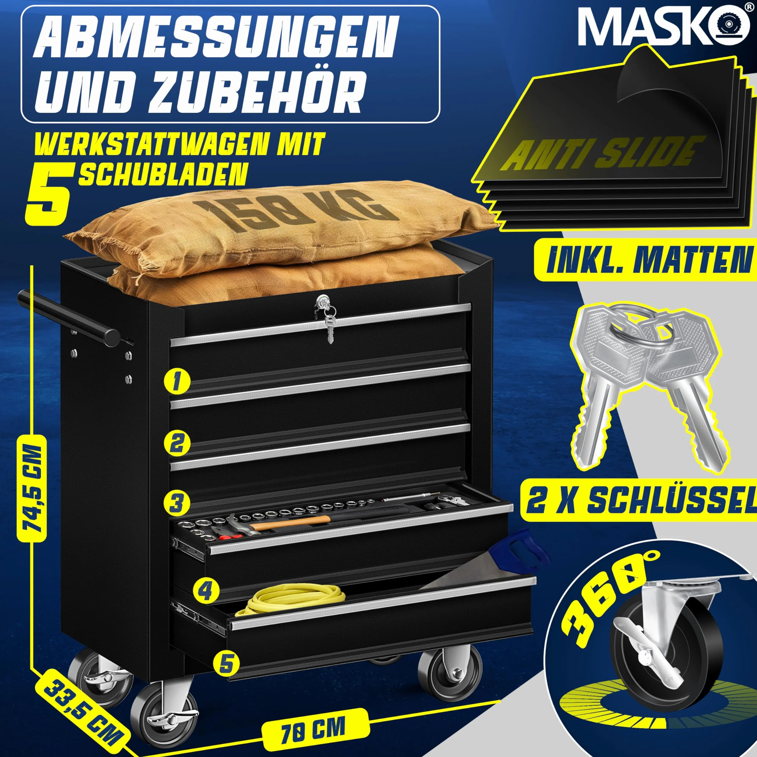 MASKO Wózek warsztatowy – 5 szuflad, czarny | zamykany | lity metal | mobilny wózek narzędziowy bez narzędzi | profesjonalny wózek warsztatowy | wózek do przechowywania narzędzi z zamkiem |