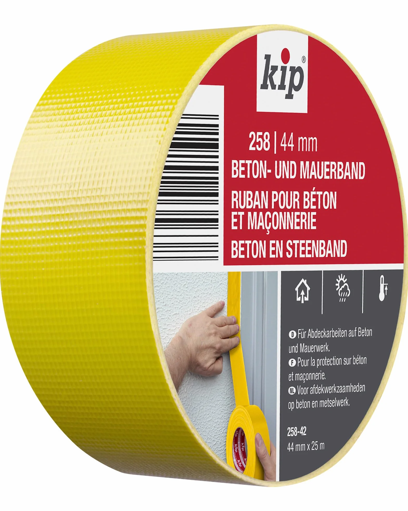 Kip Taśma do betonu i muru 258-43 - taśma z tkaniny do wymagających zastosowań na zewnątrz - żółta 44 mm x 50 m