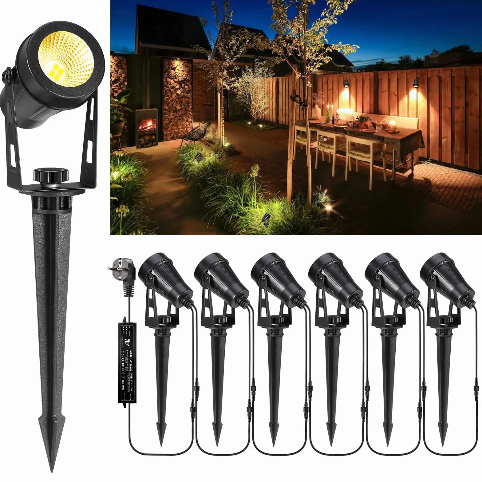 Oświetlenie ogrodowe LED, 21 m, 6-częściowy reflektor ogrodowy z uziemieniem, 12 V, 3 W, 1800 lm, lampa ogrodowa, IP65, wodoszczelna, ciepła biel, lampa ogrodowa na zewnątrz, trawnik