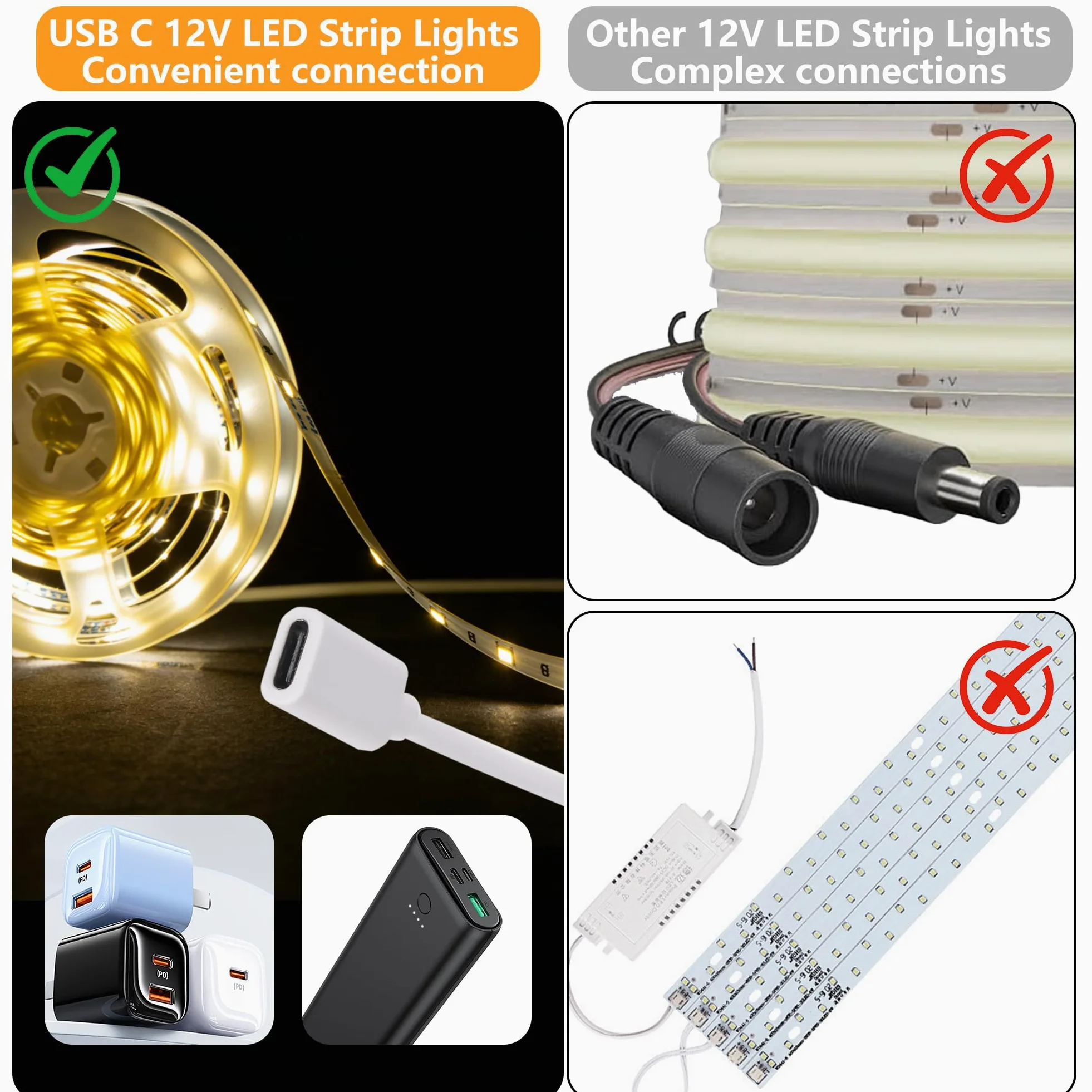 Taśma świetlna LED USB C 12 V, 5 m, jasne oświetlenie podszafkowe, do kuchni, podświetlenia telewizora i kampera, elastyczna taśma świetlna do drukarki 3D i biurka