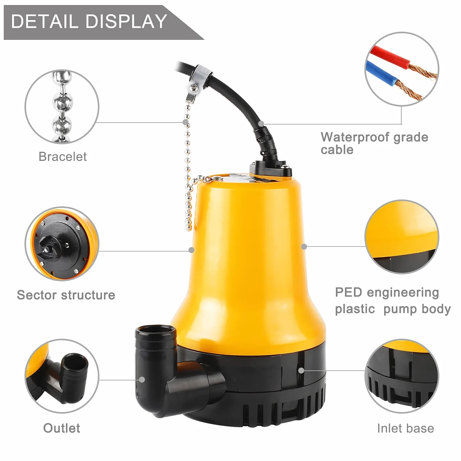 DC 12 V 60 W 3600 l/h pompa zatapialna do łodzi stawowej z kablem 1,3 m
