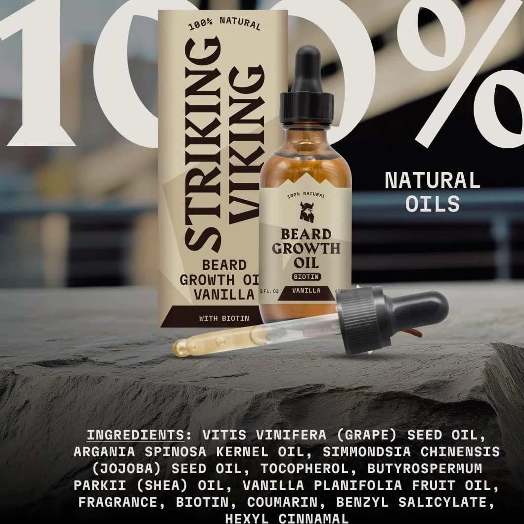 Striking Viking Olejek do wzrostu brody z biotyną, 60 ml, zapach wanilii, zagęszczający, odżywczy, biotynowy olejek do brody dla mężczyzn z arganem i jojobą, serum na porost włosów na twarzy dla