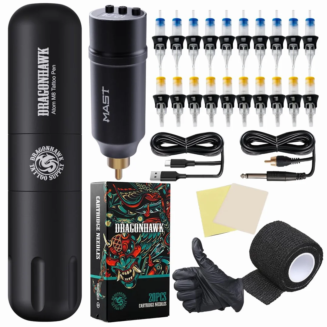 Dragonhawk Tattoo Machine Set Wireless Rotary Tattoo Pen Machine Motor Gun Wireless Battery Power Supply with RCA Jack Tattoo Cartridges Needles for Tattoo Beginners