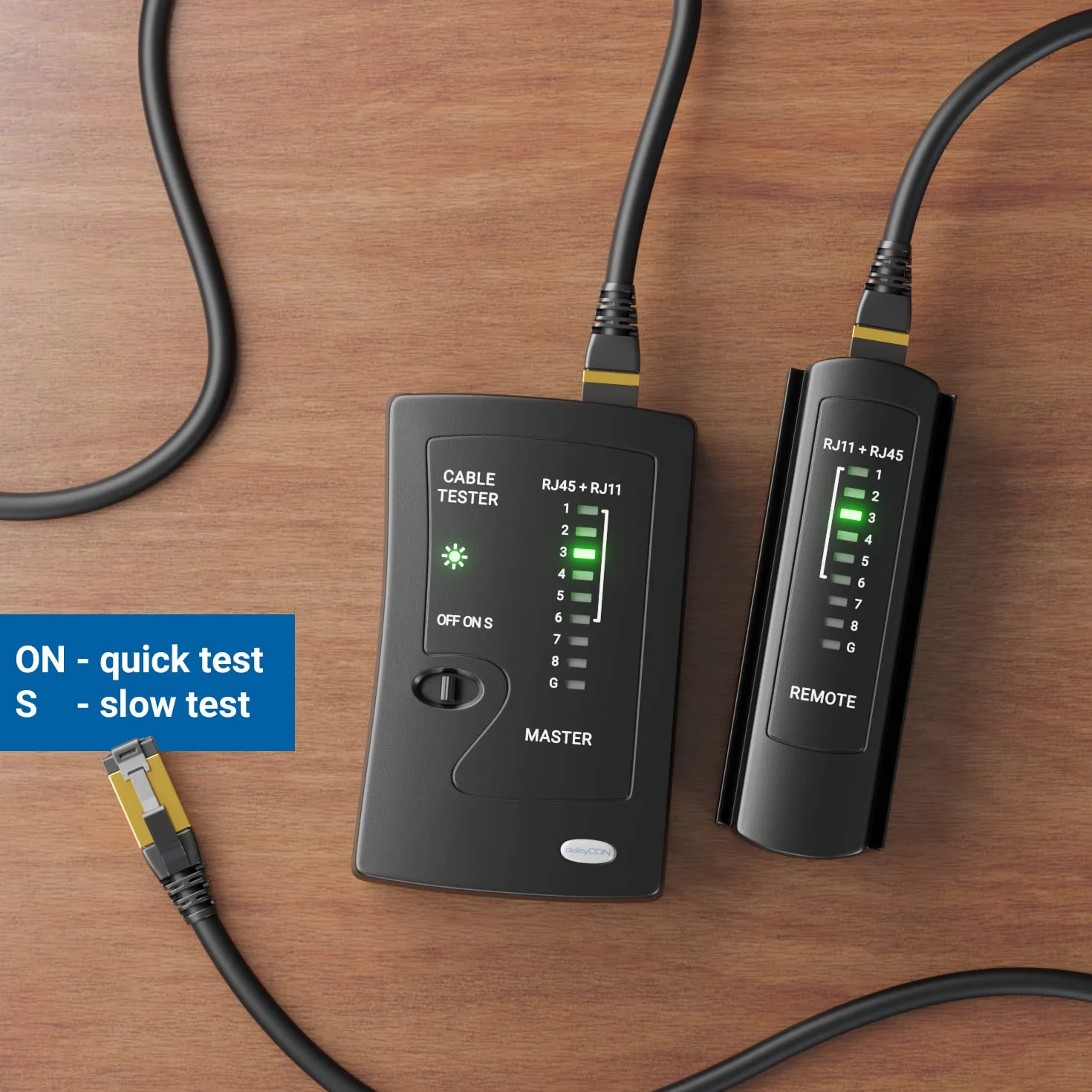 deleyCON Tester Kabli Sieciowych Tester Kabli RJ11 RJ12 RJ45 ISDN LAN Kabel Sieciowy Kabel Krosowy CAT6 CAT7 CAT8 Tester Okablowania - Czarny