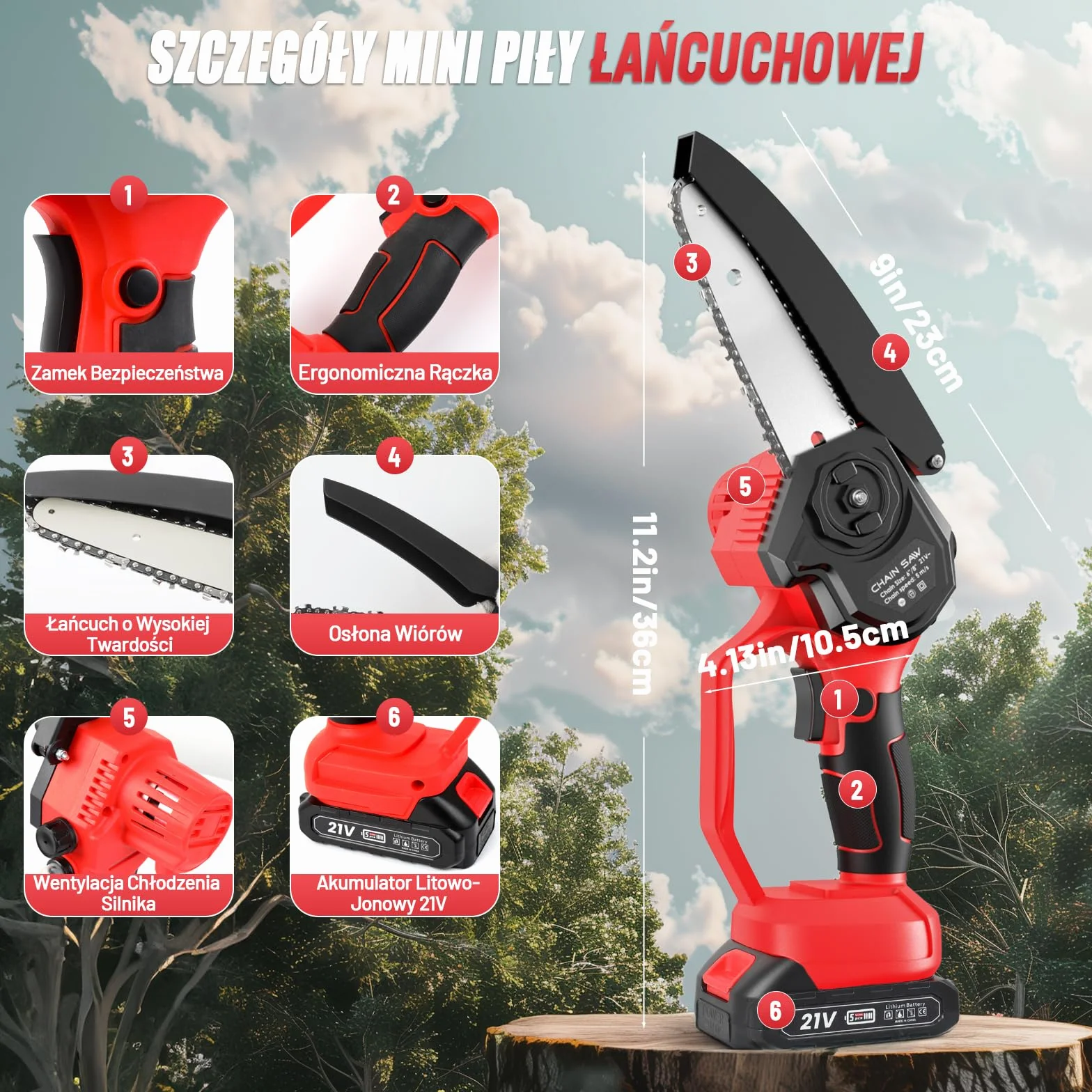 Mini Piła Łańcuchowa Bezprzewodowa 6 Cali, Elektryczna Piła z Silnikiem 800W, Systemem Instalacji Beznarzędziowej/Blokady Bezpieczeństwa, z 2 Akumulatorami 2000mAh do Przycinania Drzew, Cięcia Drewna