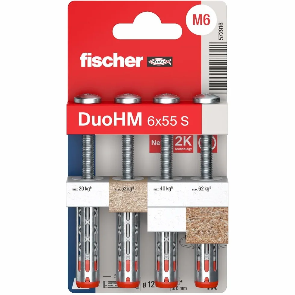fischer 572916 DuoHM kołki rozporowe, 6 x 55 S TX ze śrubą metryczną i napędem TX do mocowania wsporników telewizyjnych, świateł, półek ściennych itp. w materiałach budowlanych panelowych (4 sztuki)