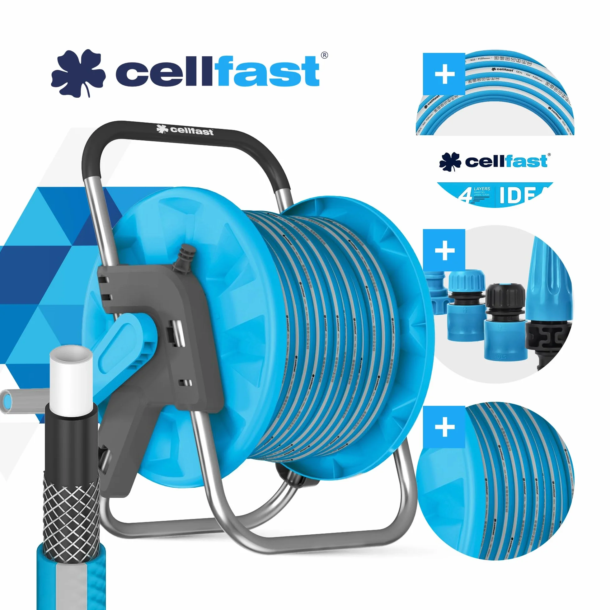 CELLFAST IDEAL bęben na wąż ogrodowy 1/2" 30 m z słuchawką ogrodową i zestawem przyłączeniowym | wąż ogrodowy do bębna zwijacza węża 1/2 cala | wózek z wężem elastycznym, zapobiegającym skręcaniu się