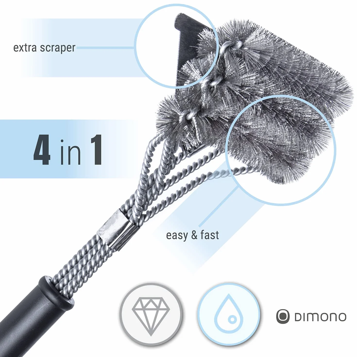 Dimono® Profesjonalna szczotka do grilla Szczotka do grilla do czyszczenia 360° wykonana ze stali nierdzewnej - szybciej czyszcz na zewnątrz, grill i grill (Deluxe ze skrobaczką)