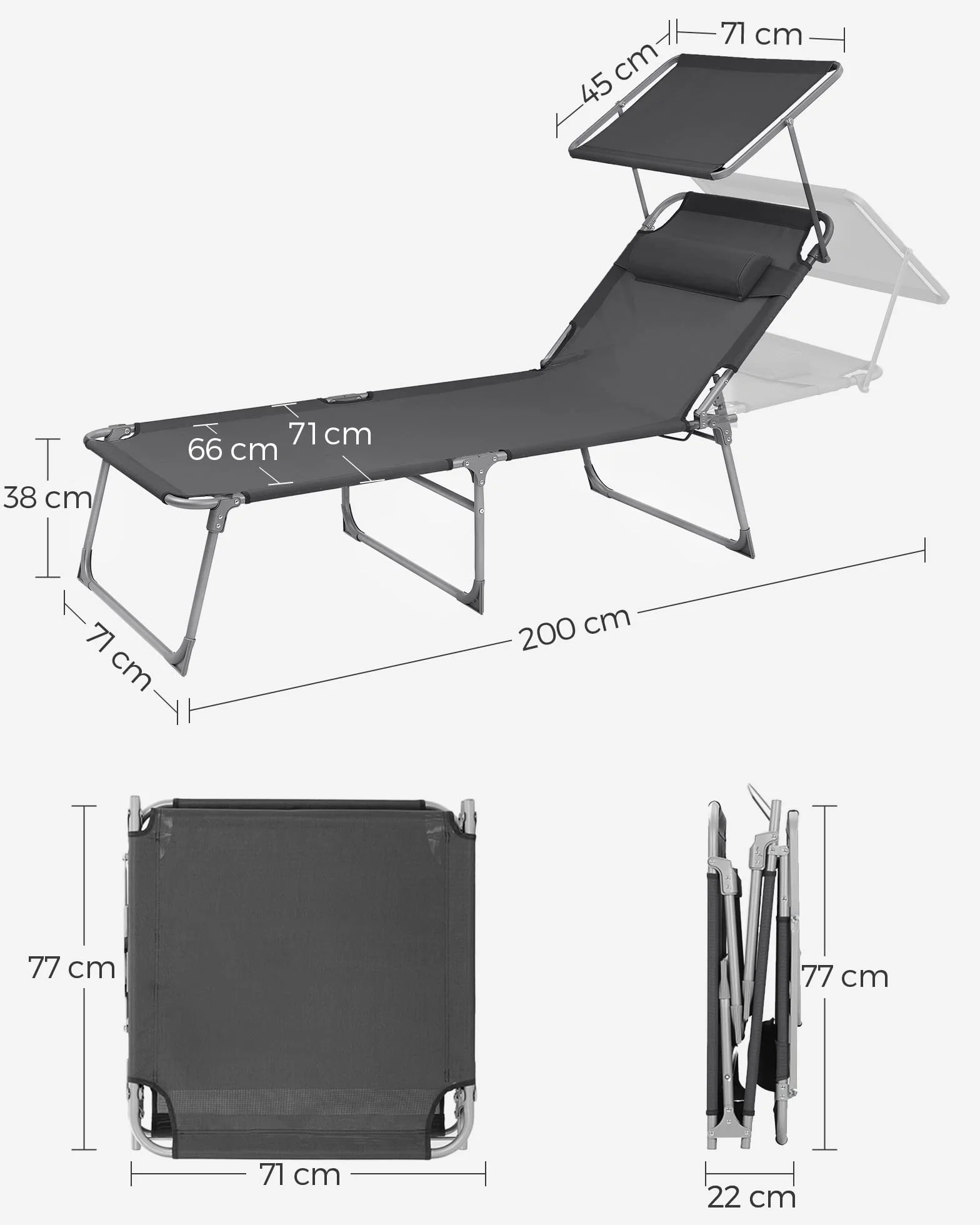 SONGMICS Leżak, leżanka, duży, rozkładany fotel do opalania, 71 x 200 x 38 cm, nośność: 150 kg, z zagłówkiem, oparciem, daszkiem, składany, do ogrodu, szary GCB22GYV2