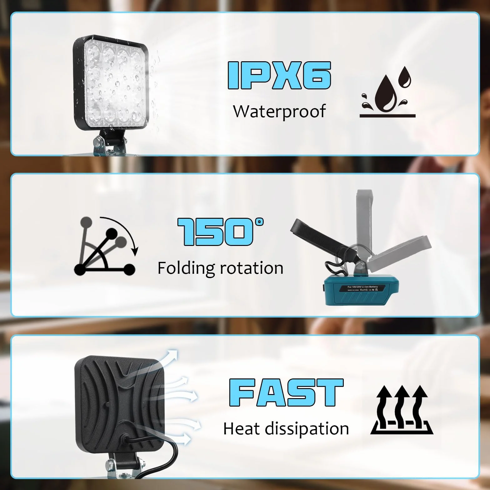 BOSCH reflektor LED akumulatorowy 18 V, lampa kempingowa, 48 W, 6000 lm, lampa robocza LED, typ C/USB, ochrona niskiego napięcia, do garażu, na kemping, plac budowy