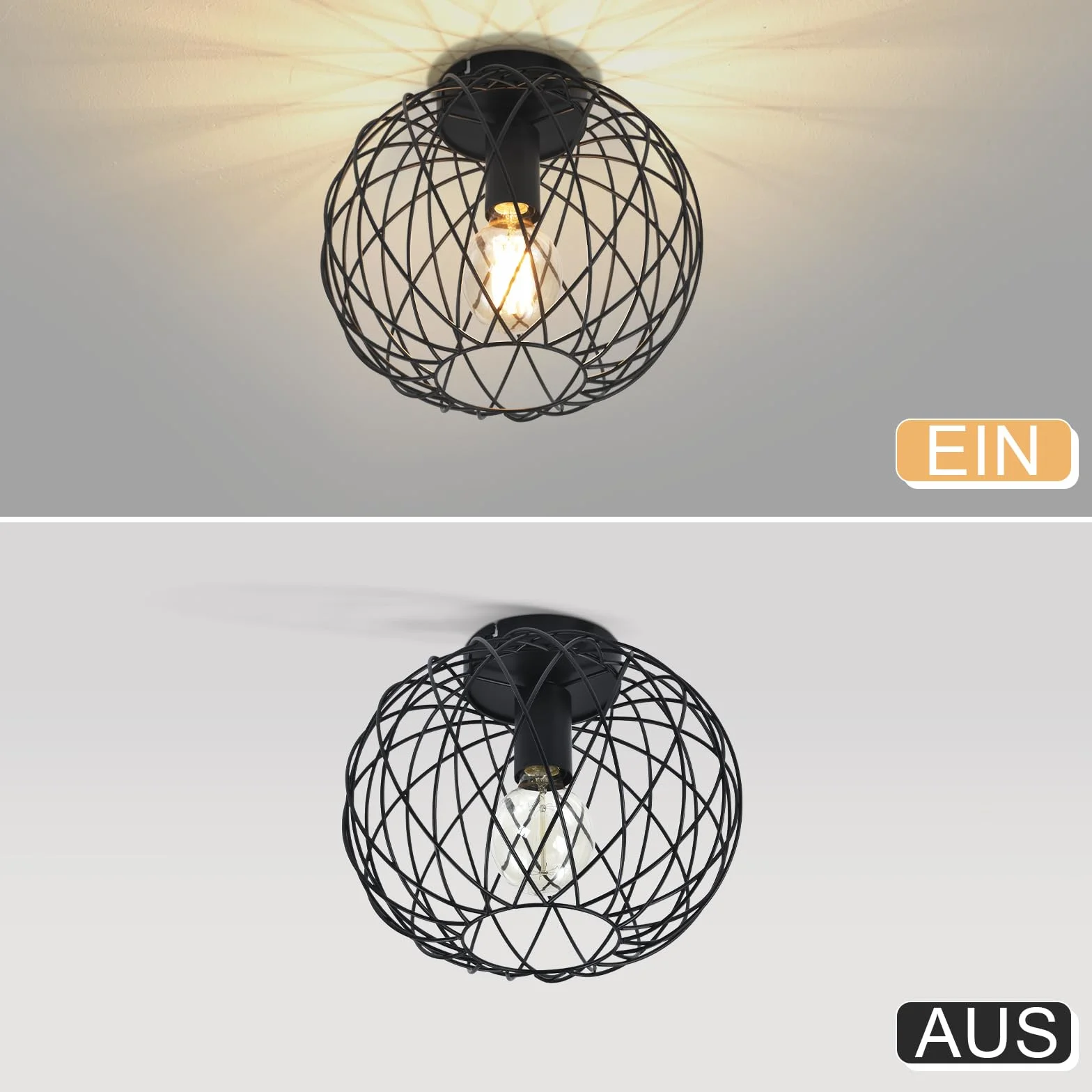 Glitzerlife Lampa sufitowa czarna lampa do korytarza industrialna 3ER | Lampa sufitowa E27 Vintage 1 płomień okrągły retro metalowy klosz lampa w kształcie klatki kratka jadalnia salon kuchnia