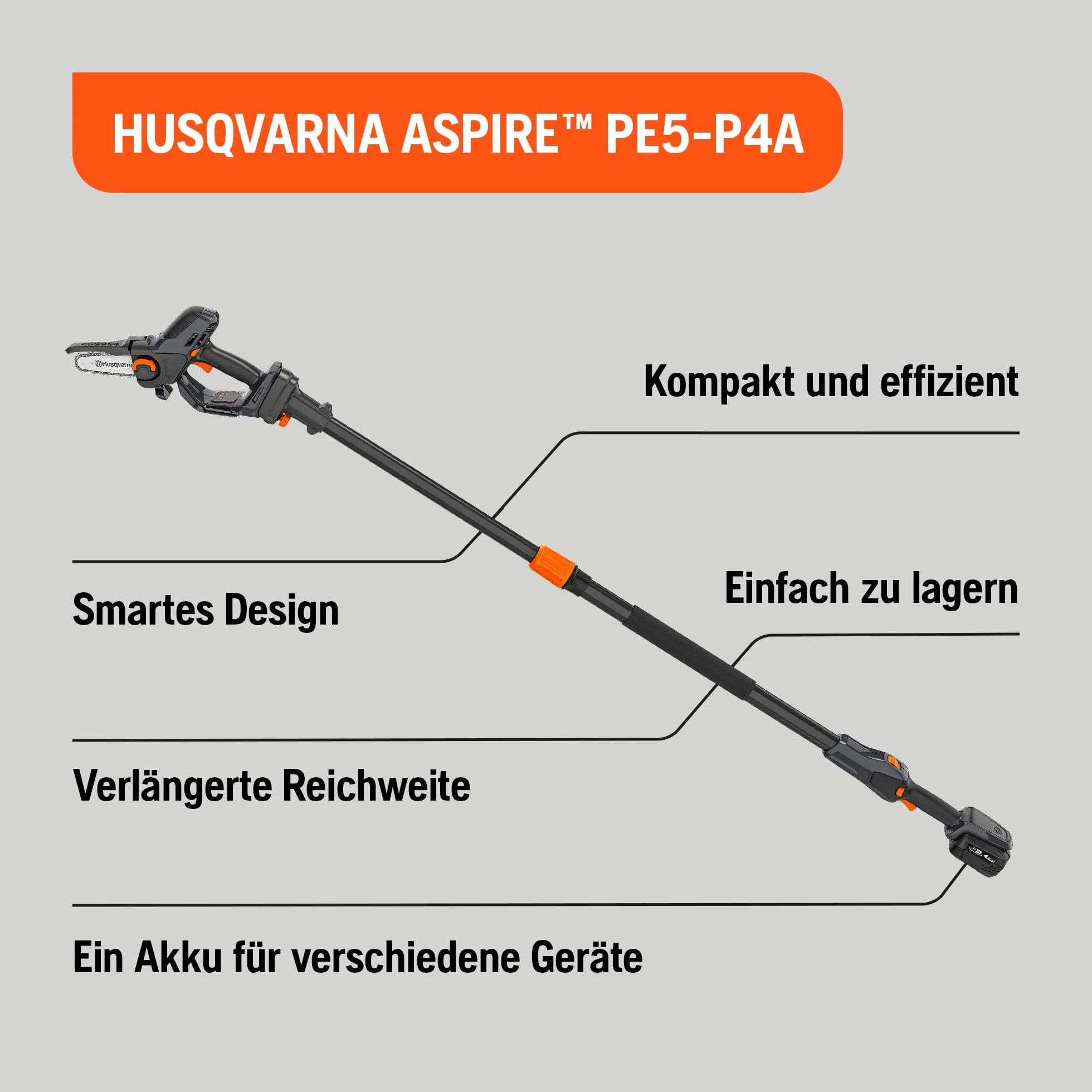 Husqvarna Mini Pilarka Akumulatorowa Aspire P5 z Wysięgnikiem | I nasadka na wysięgnik P4A, wydajna piła do gałęzi do 75 mm