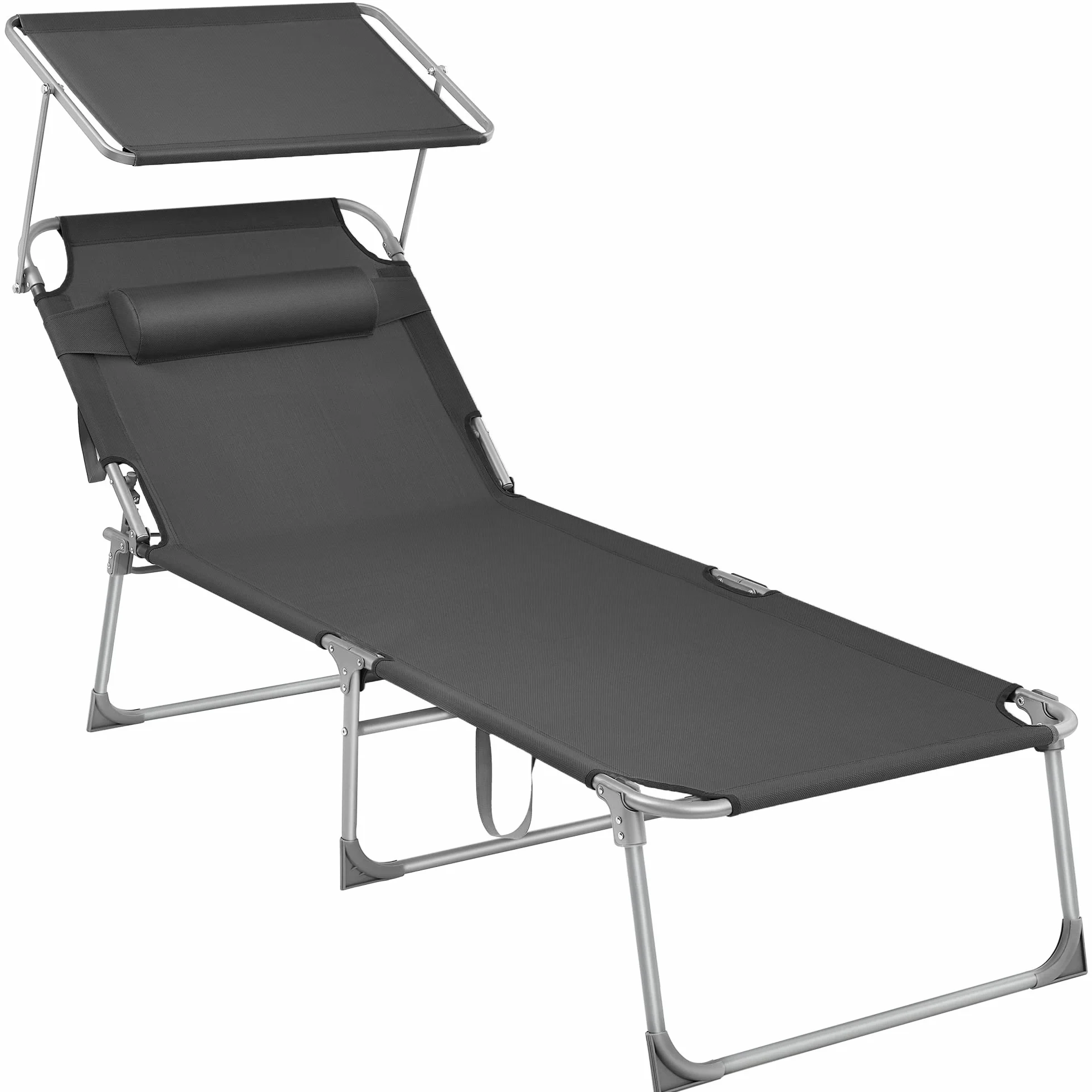 SONGMICS Leżak, leżanka, duży, rozkładany fotel do opalania, 71 x 200 x 38 cm, nośność: 150 kg, z zagłówkiem, oparciem, daszkiem, składany, do ogrodu, szary GCB22GYV2