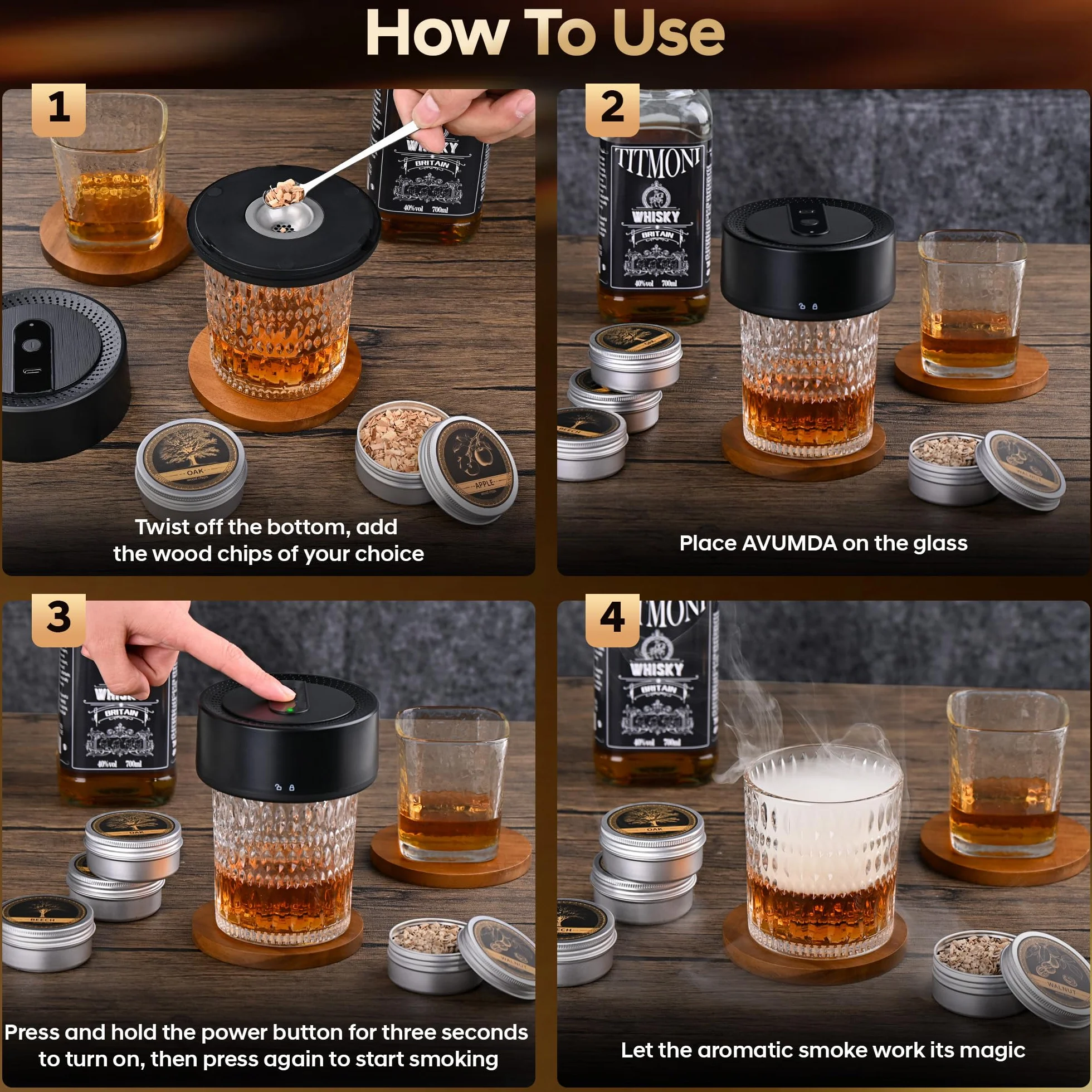 Zestaw do Palenia Whisky Electric z Akumulatorem USB-C, 8 Smaków Wiórków Drzewnych