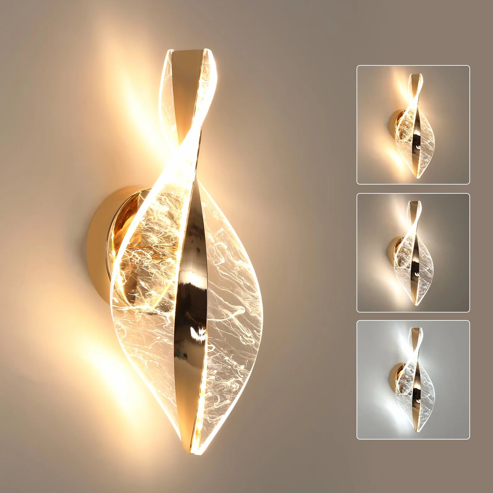 Comely Kinkiet LED, Złoty 12W 2000LM Regulowana Nowoczesna Lampa Ścienna LED, 3 Temperatury Barwowe 3000K/4500K/6500K Wewnętrzna Lampa Ścienna Do Sypialni Korytarza Salonu Sali