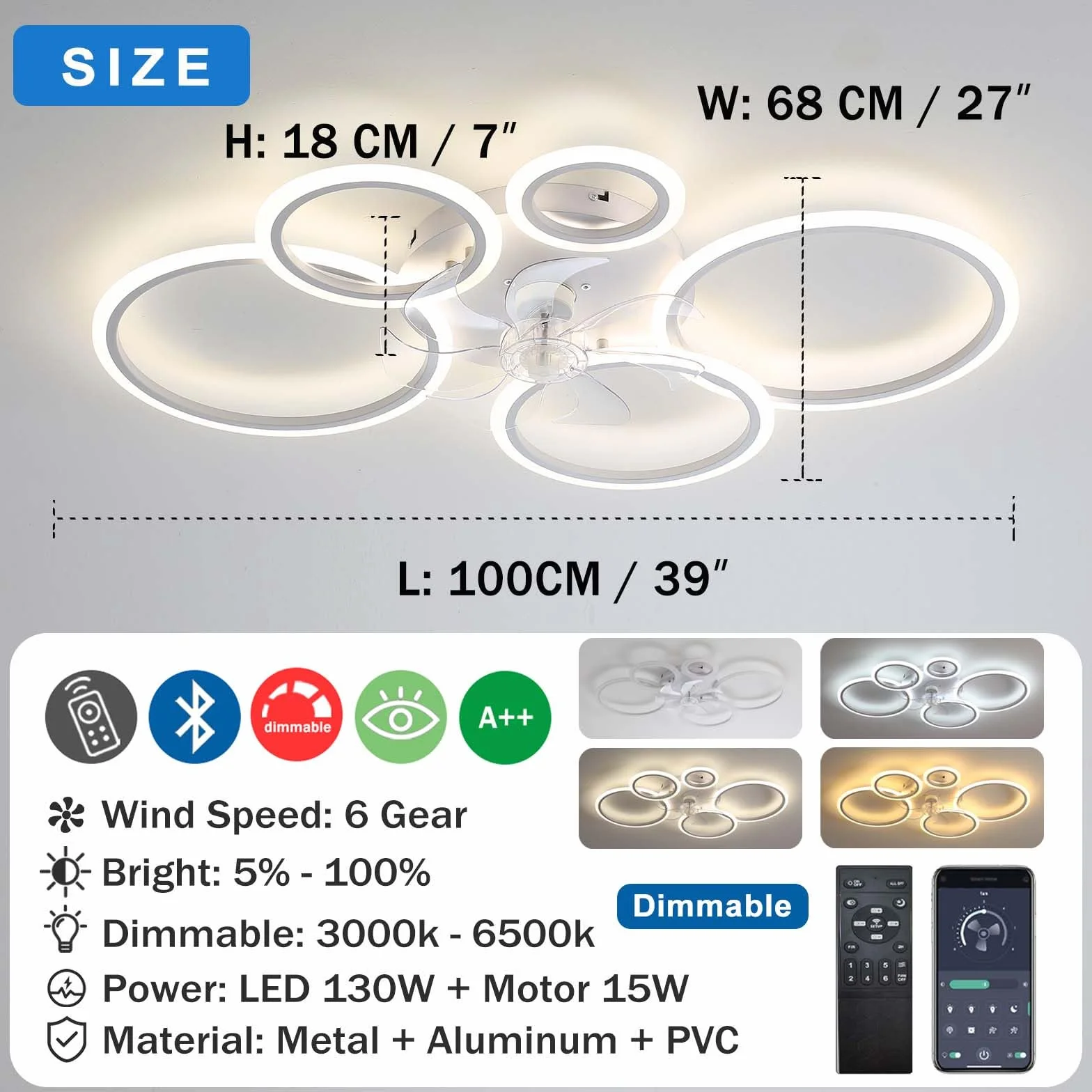 Wentylator sufitowy ze światłem, LED 72W Ściemniane Fan Lampa sufitowa, Nowoczesny Oświetlenie dla Pokój dzienny Jadalnia Sypialnia, Regulowany 6 prędkości, Czarny 100cm