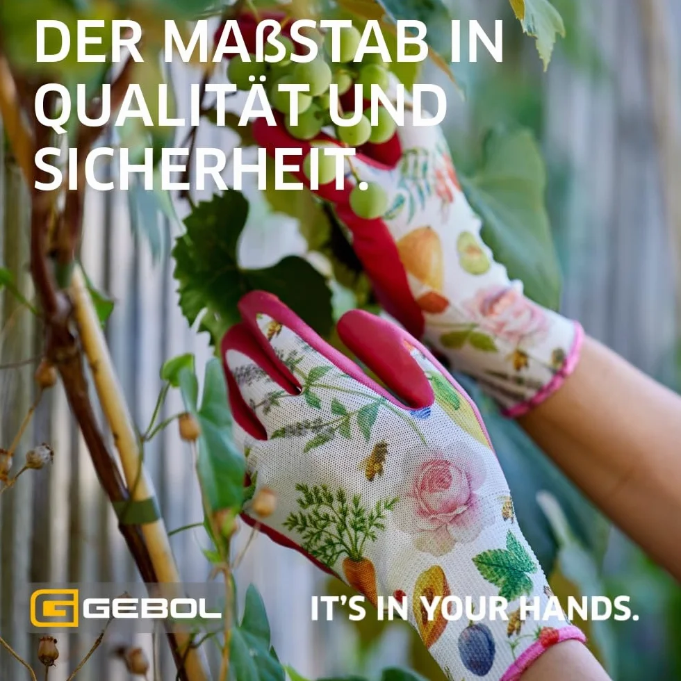 Gebol Gardeluxe "bee-friendly" Flower&Fruit | 1 para | rozm. 8/M | rękawice ogrodowe w stylu pszczół | edycja limitowana | bardzo miękka powłoka | przyjemne dopasowanie | dla kobiet | różowe, kolorowe