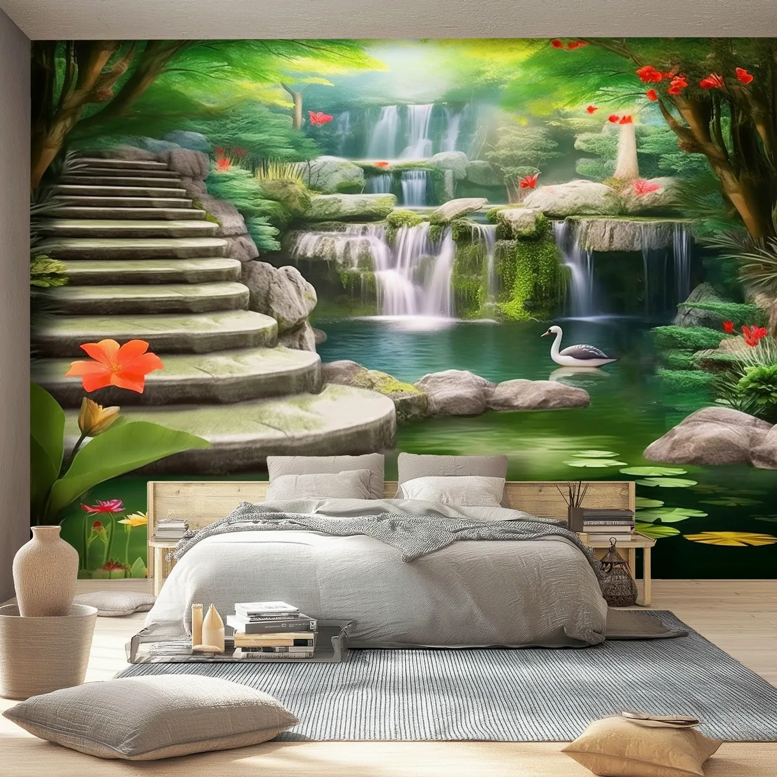 Tapeta 3D włóknina naturalna wodospad 3D 350 x 256 cm tapeta dekoracja ścienna do salonu sypialnia zielona