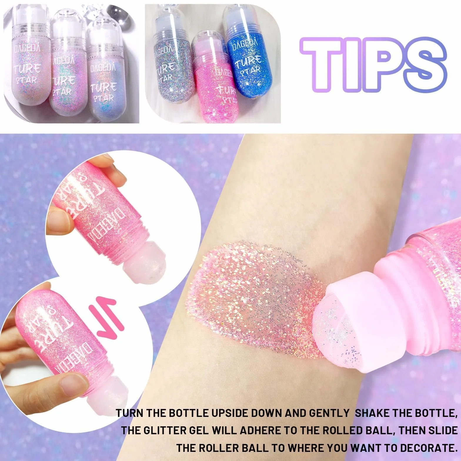 Prreal Roll-on Body Glitter Gel, Color Change Glitter for Festival Rave Accessories, Face Paint Holografic Hair Glitters, Sparkle Shimmer Halloween Makeup for Rave Party (03Sparkling Pink)