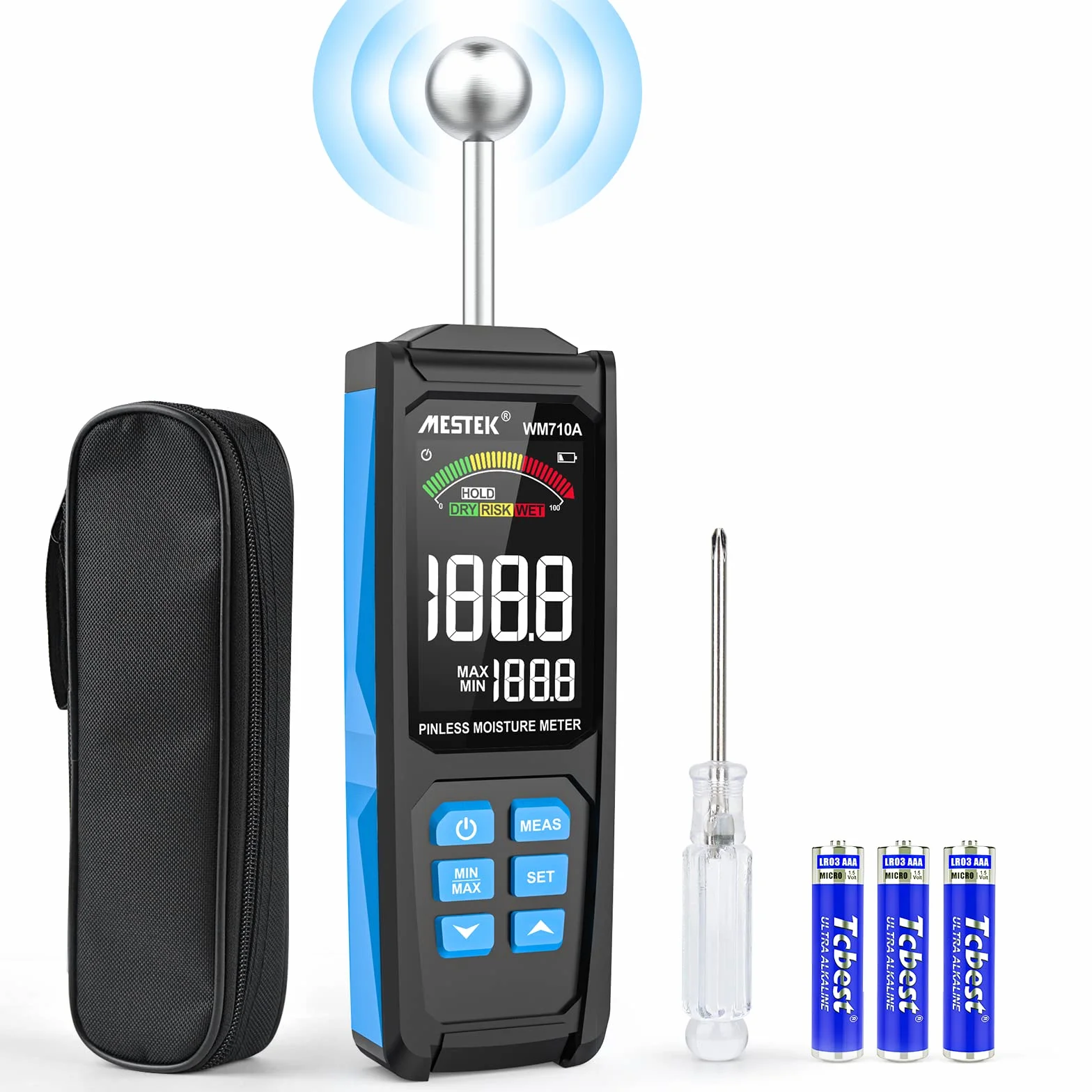 Detector Wilgotności MESTEK 20-40mm Wilgotnościomierz Czujnik Wilgotności Miernik wilgotności Cyfrowy Wyświetlacz LCD Alarm dźwiękowy Przenośny z Baterią do ścian Drewnianych Zaprawa Cementowa