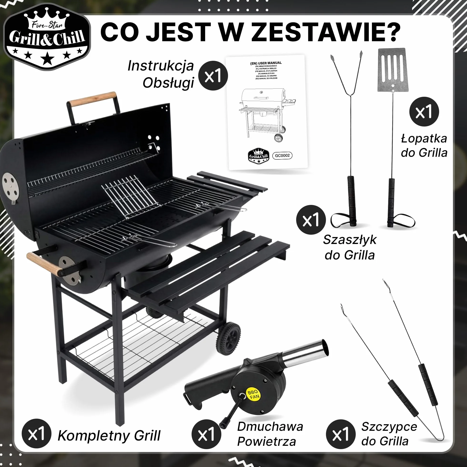 Five-Star Grill & Chill Grill Węglowy Ogrodowy z Pokrywą 71x35 cm GC0002