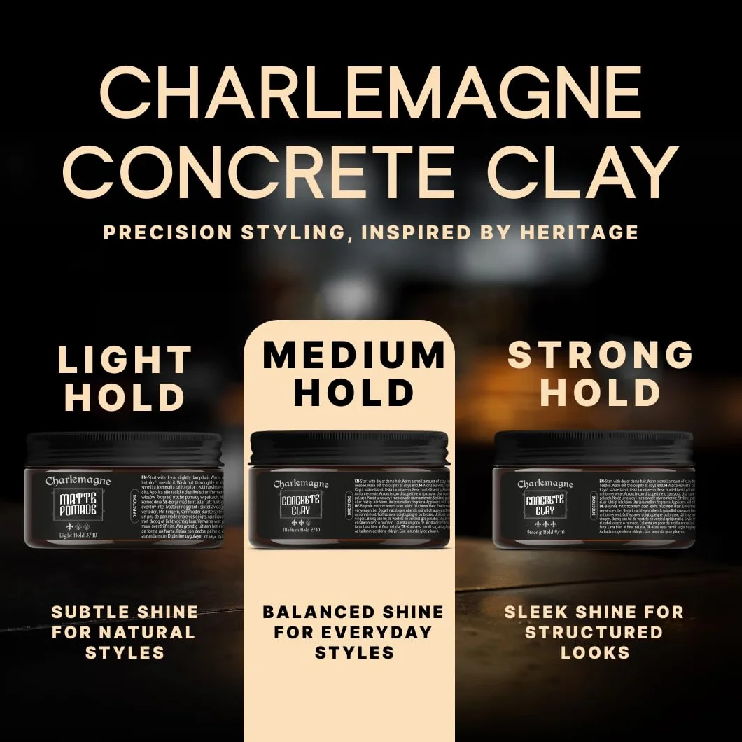 Charlemagne Pomada Concrete Clay 100 ml – pomada do włosów, beztłuszczowa tekstura i krem do stylizacji dla prawie matowego wyglądu – jakość fryzjerska, Made in Germany (100 ml, średnia moc)