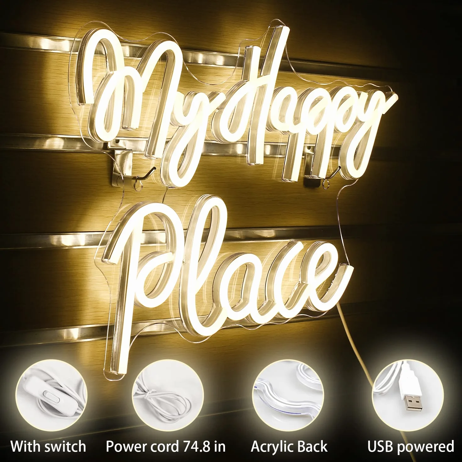 Neonowy znak My Happy Place, ciepłe białe światła neonowe do sypialni, znak LED z literami z zasilaniem USB do salonu, dekoracji ścian, pokoju gier, baru