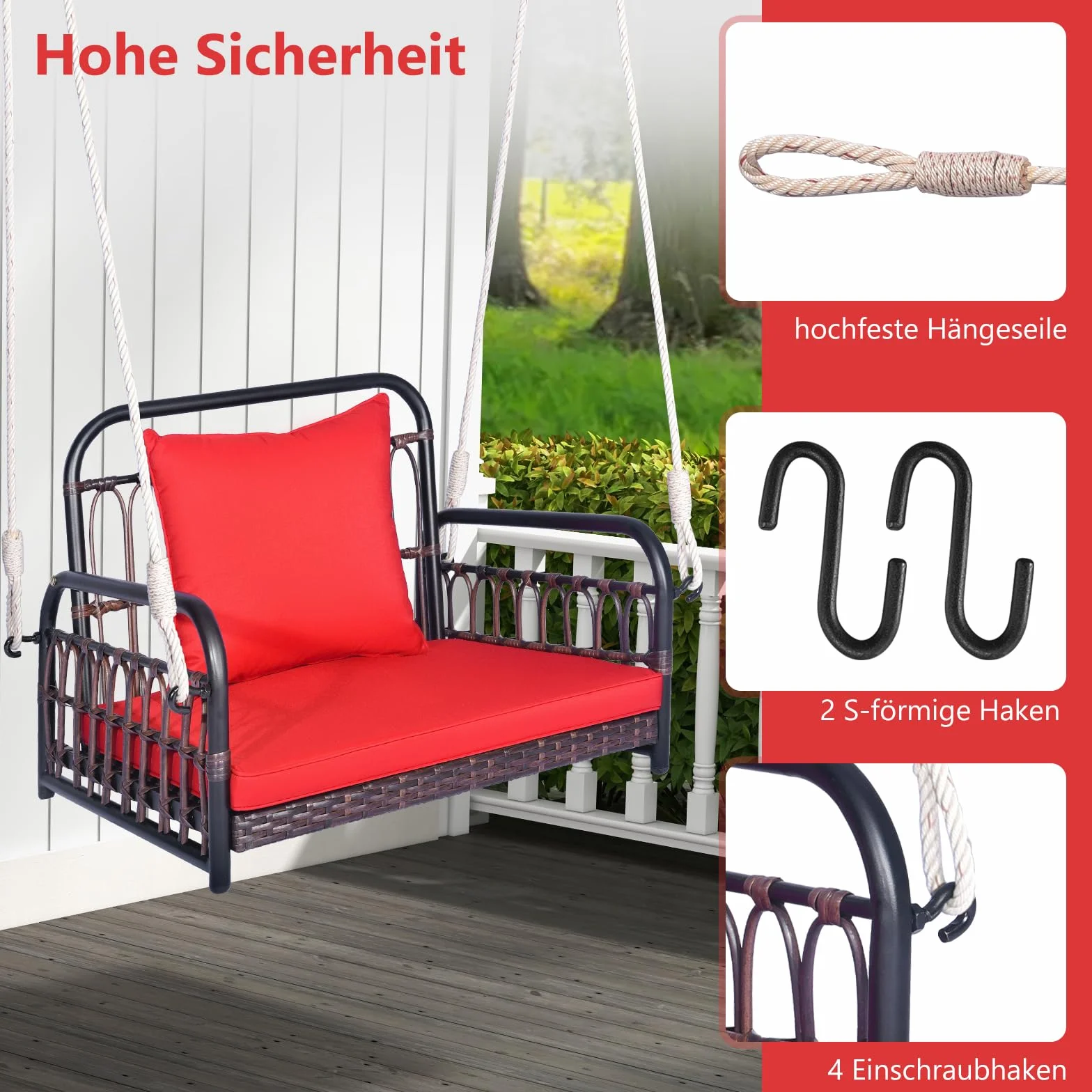 COSTWAY Fotel wiszący, huśtawka tarasowa, obciążenie do 180 kg, fotel wiszący z poduszką na siedzisko i oparcie, metalową ramą i linami wiszącymi, na werandę i podwórko