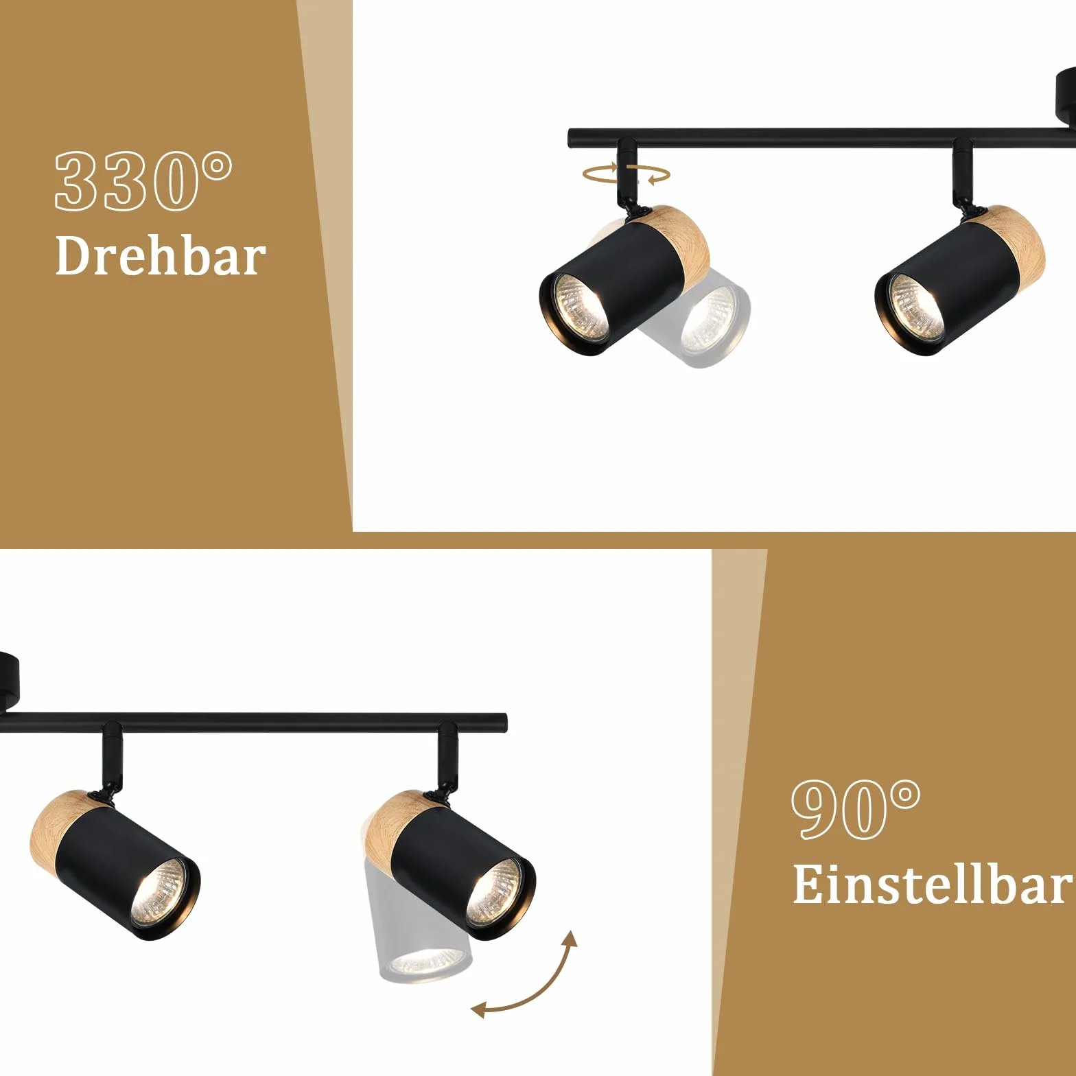 Glitzerlife sufitowy reflektor drewniany czarny lampa sufitowa - lampa sufitowa 4 płomienie GU10 LED obrotowy 330° reflektor do salonu sypialni kuchni pokoju dziecięcego bez żarówek