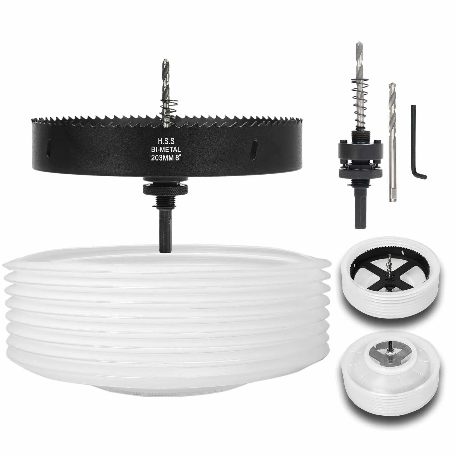 Otwornica z 8 otworami do opraw podtynkowych, wycinarka otworów 20,3 cm, z odpylaczem do oświetlenia podtynkowego LED 20,3 cm, płyta gipsowo-kartonowa, konstrukcja bimetalowa, czarna