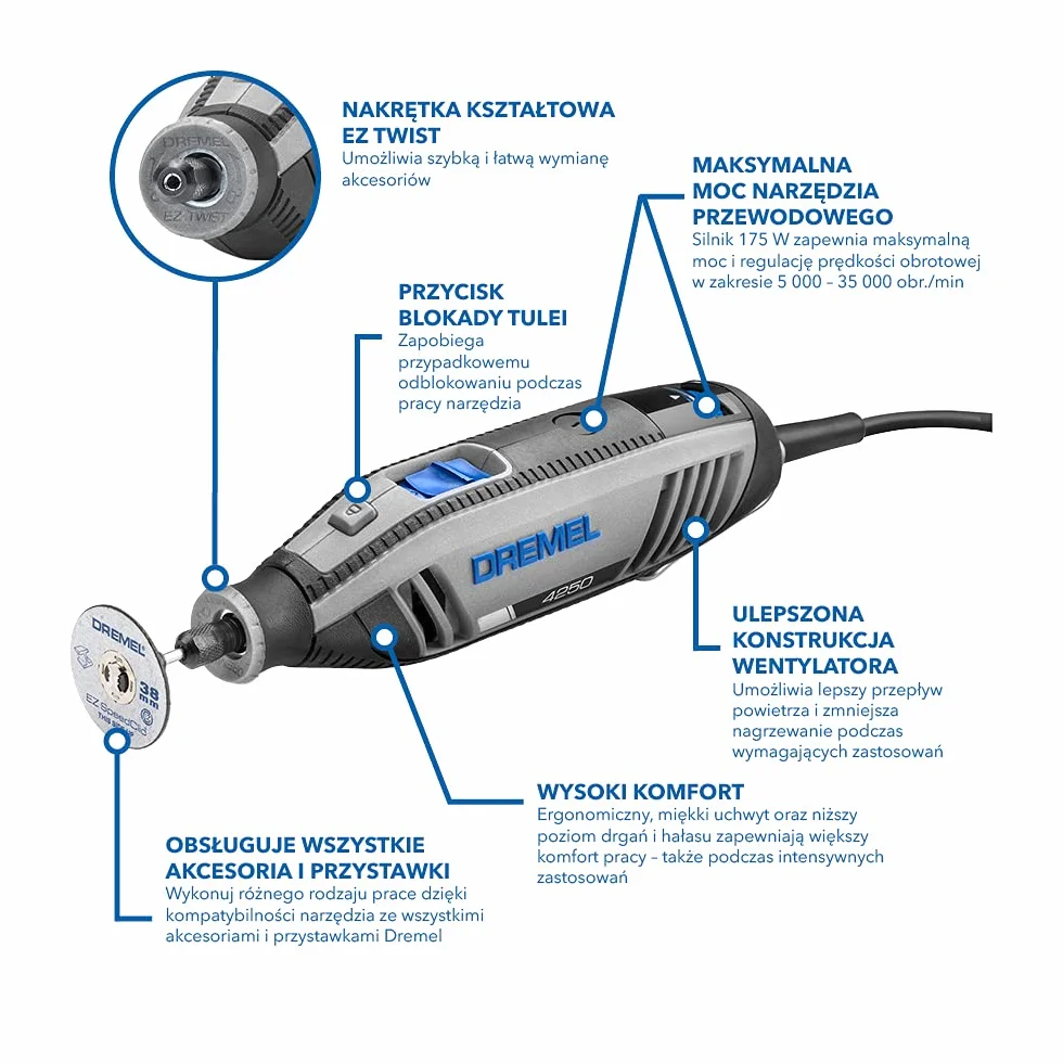 Dremel 4250 Narzędzie obrotowe 175 W – zestaw z narzędziem wielofunkcyjnym i 35 akcesoriami, silnik 175 W ze sterowaniem elektronicznym, regulacja prędkości obrotowej 5 000 – 35 000 obr./min