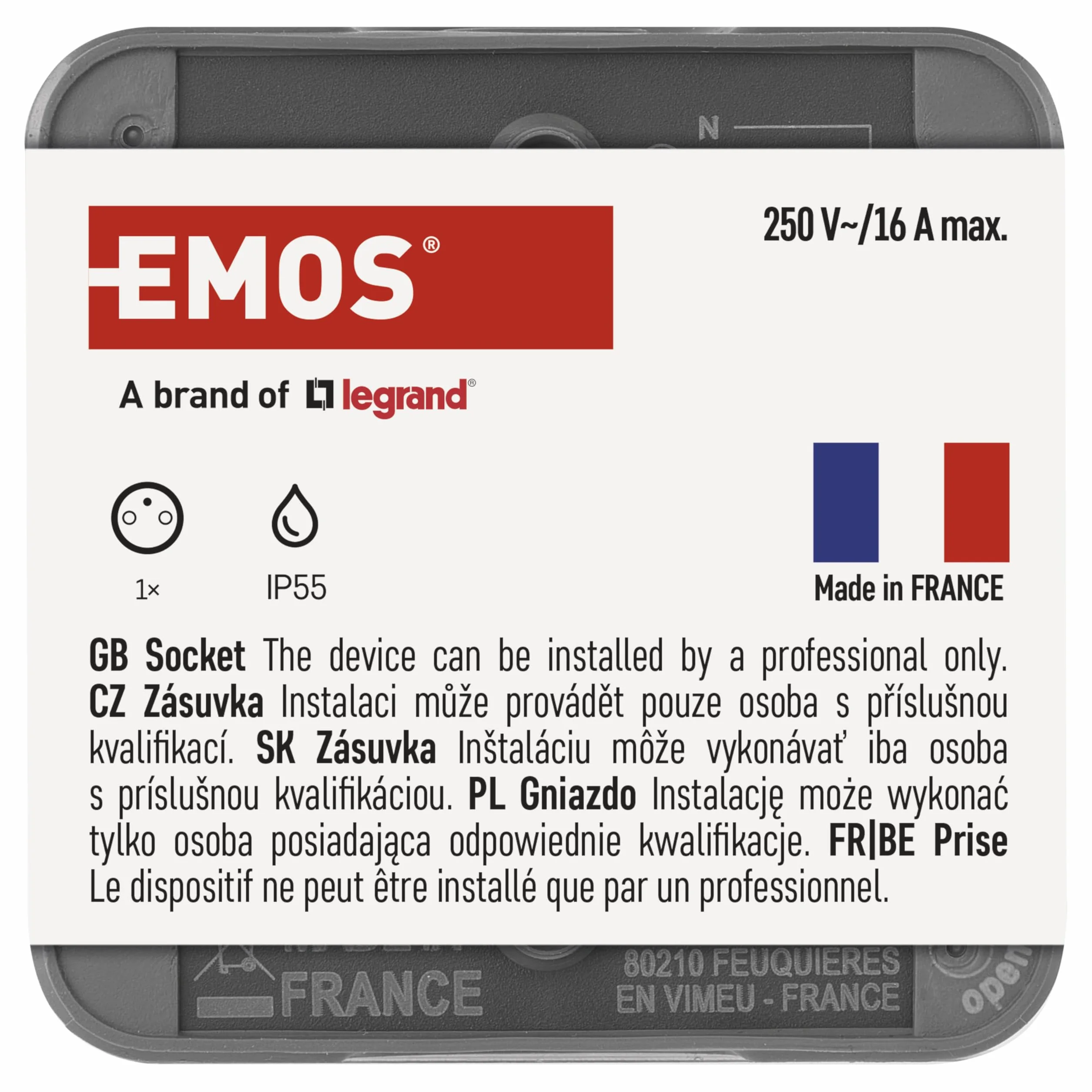 EMOS Cyklone - Gniazdo zewnętrzne z pokrywą na zawiasach/gniazdo ścienne, standard french - IP55 - wewnątrz/na zewnątrz/miejsca wilgotne - natynkowe, montaż ścienna - szare/antracytowe