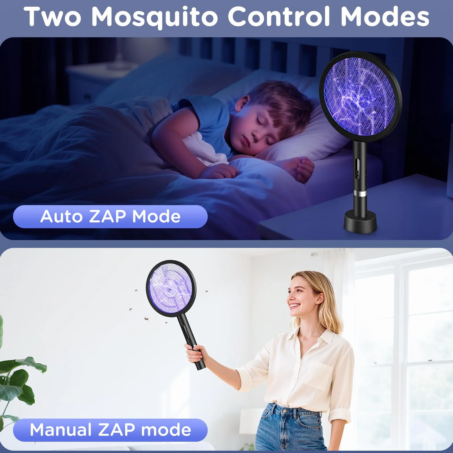2 w 1 Packa na Muchy Elektryczna, 4000 V Ekstra Mocna Elektryczny Swatter, 3 Warstwową Siatką Bezpieczeństwa 1800mah USB Ladowalny Łapacz much, Fly Swatter do Sypialni i Pokoi Dziecięcych