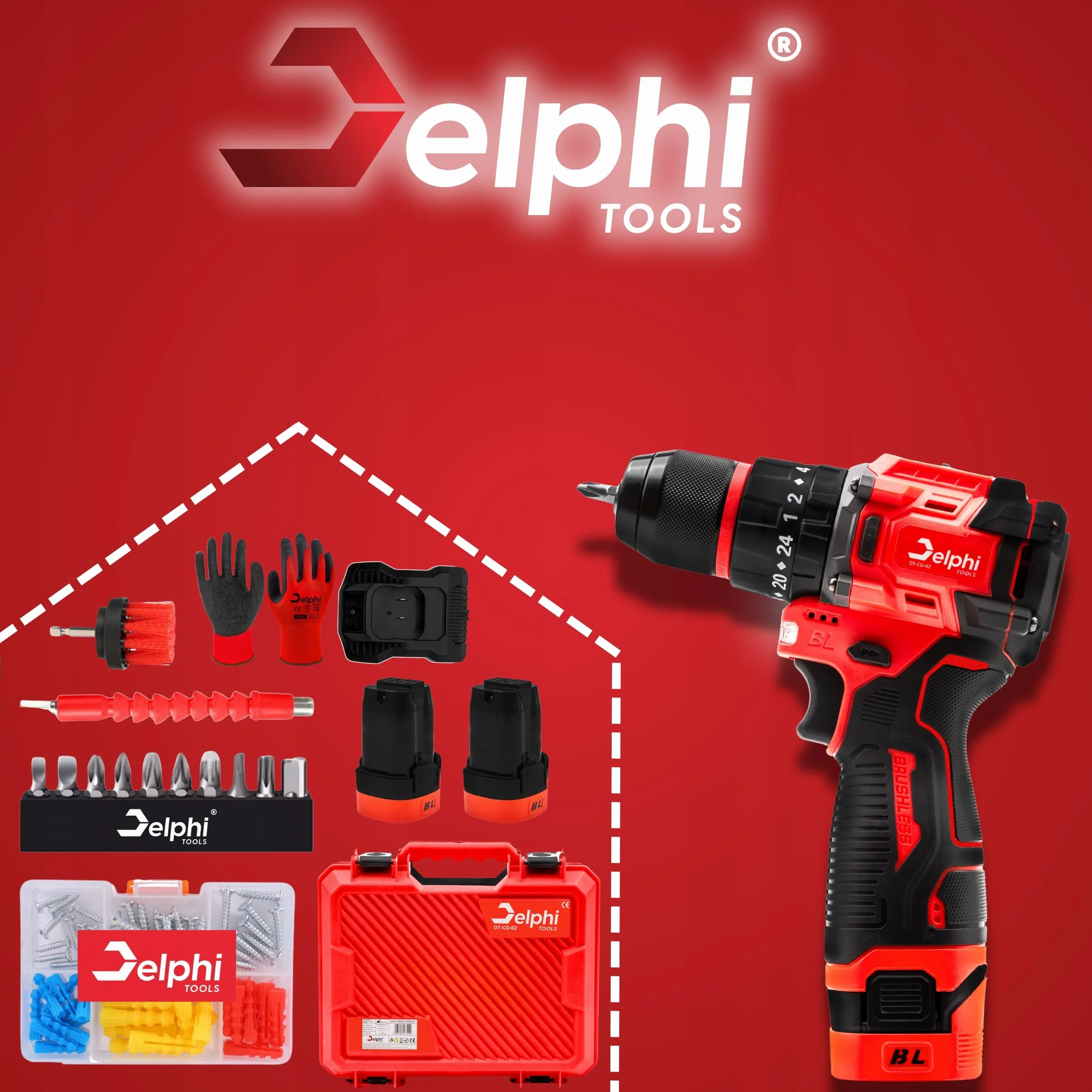 Delphi akumulatorowa wkrętarka akumulatorowa 16,8 V, z 2 bateriami 1500 mAh, światło LED, 50 Nm, 24 stopnie momentu obrotowego, zestaw bitów do drewna, metalu i betonu