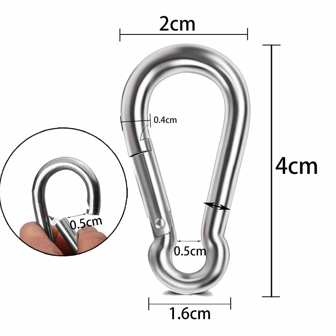 karabinek 40 mm x 4 mm, karabińczyk ze stali nierdzewnej 304 z hakami zatrzaskowymi, nośność do ok. 80 kg