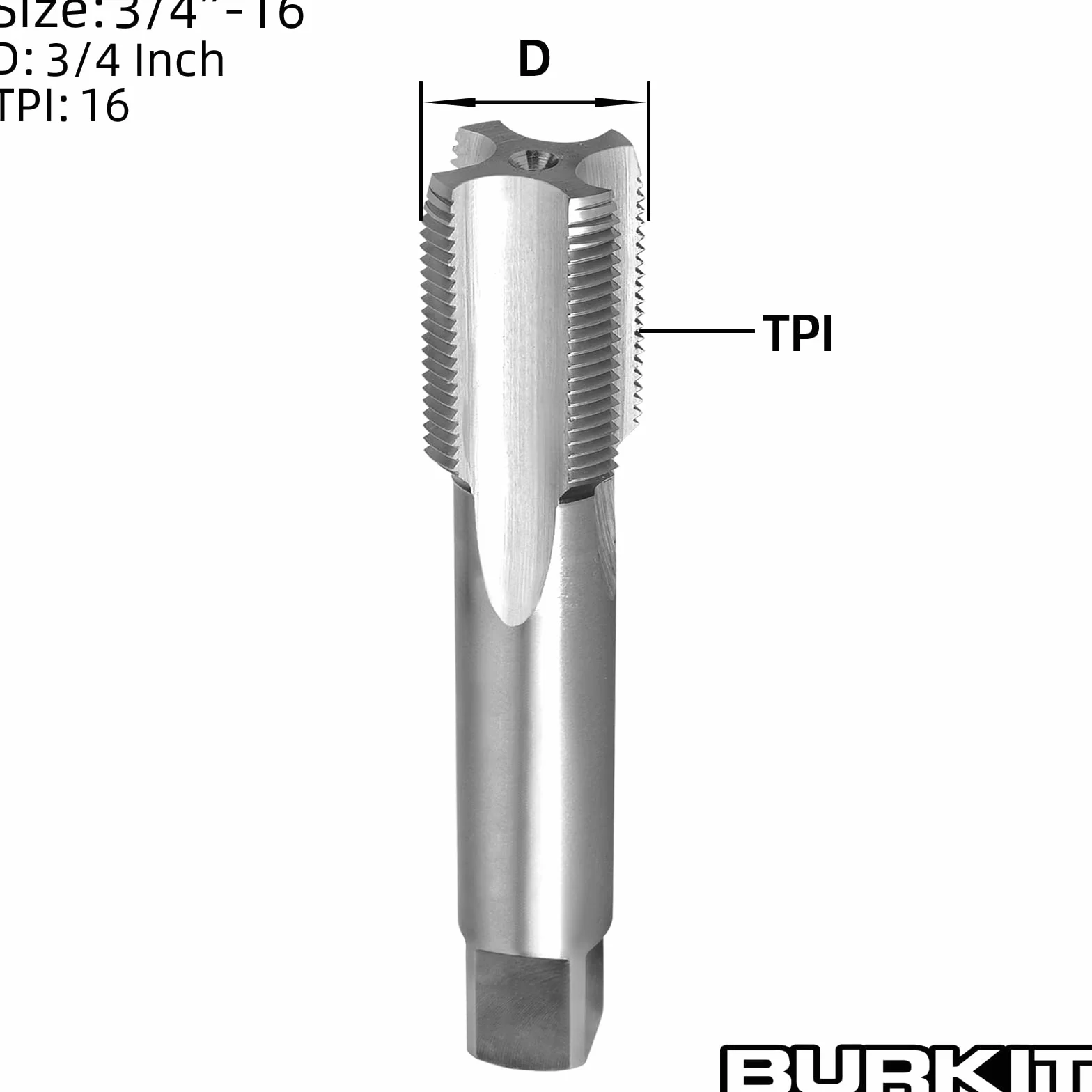 Burkit 3/4"-16 UNF Gwintownik praworęczny, HSS 3/4 x 16 UNF prosty karbowany kran maszynowy