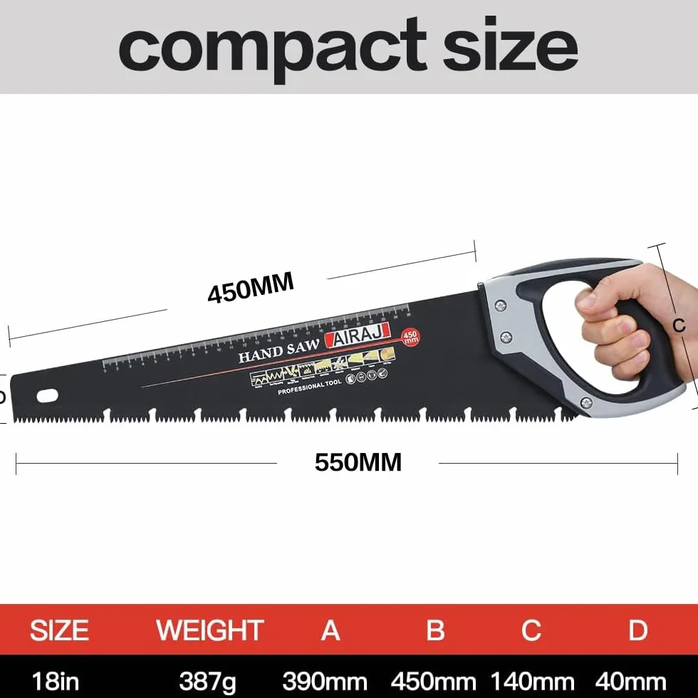 AIRAJ Profesjonalna piła ręczna 450 mm z ogranicznikiem 45° i 90°, wygodna, ergonomiczna rękojeść antypoślizgowa, uniwersalna, idealna do cięcia gałęzi ogrodowych, desek drewnianych i płyt prasowanych
