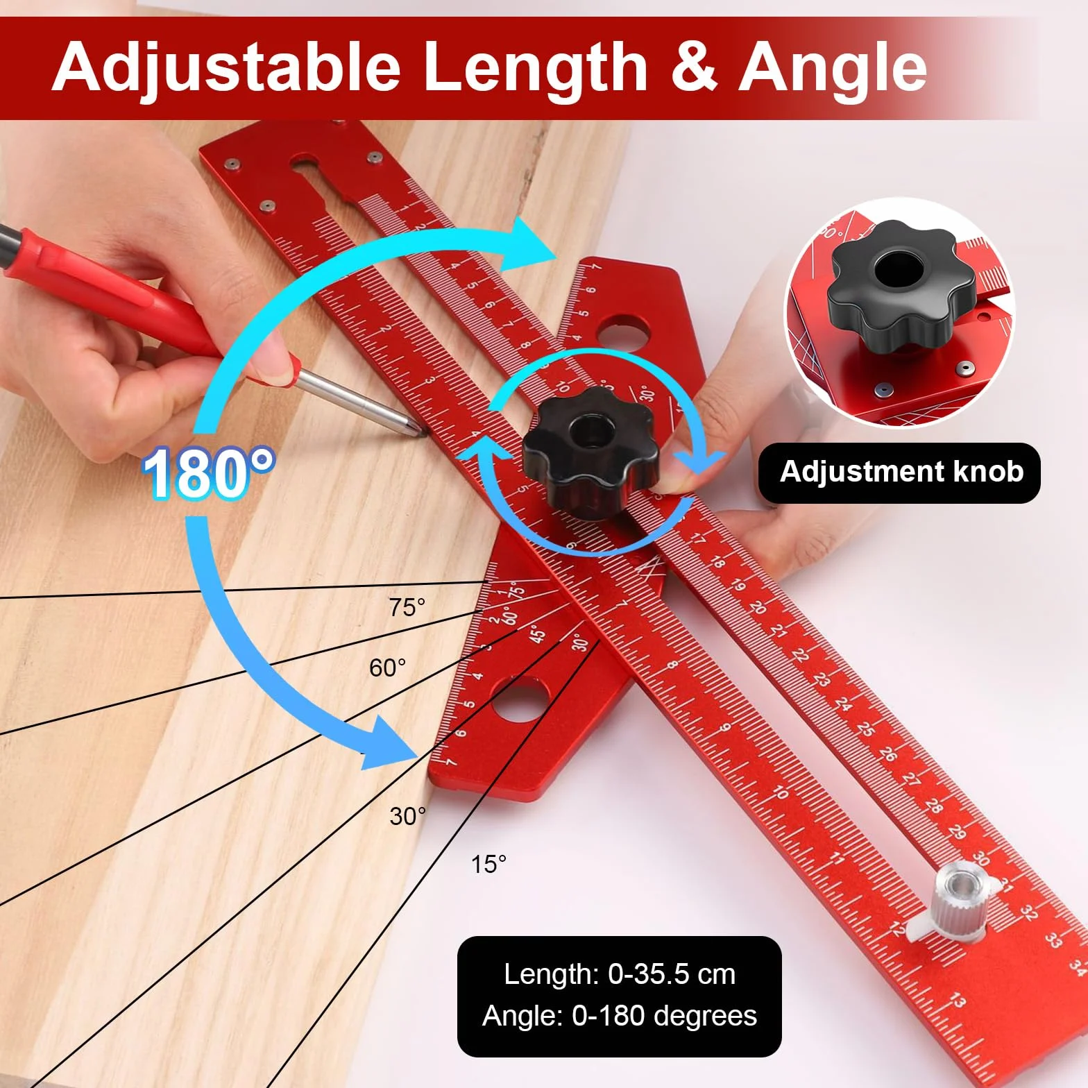 Flintronic Linijka T-Square, 350 mm, wielofunkcyjne narzędzie pomiarowe do obróbki drewna, regulowany kąt 0-180°, linijka do obróbki drewna z markerem głębokich otworów, ołówkiem i 12 wkładami