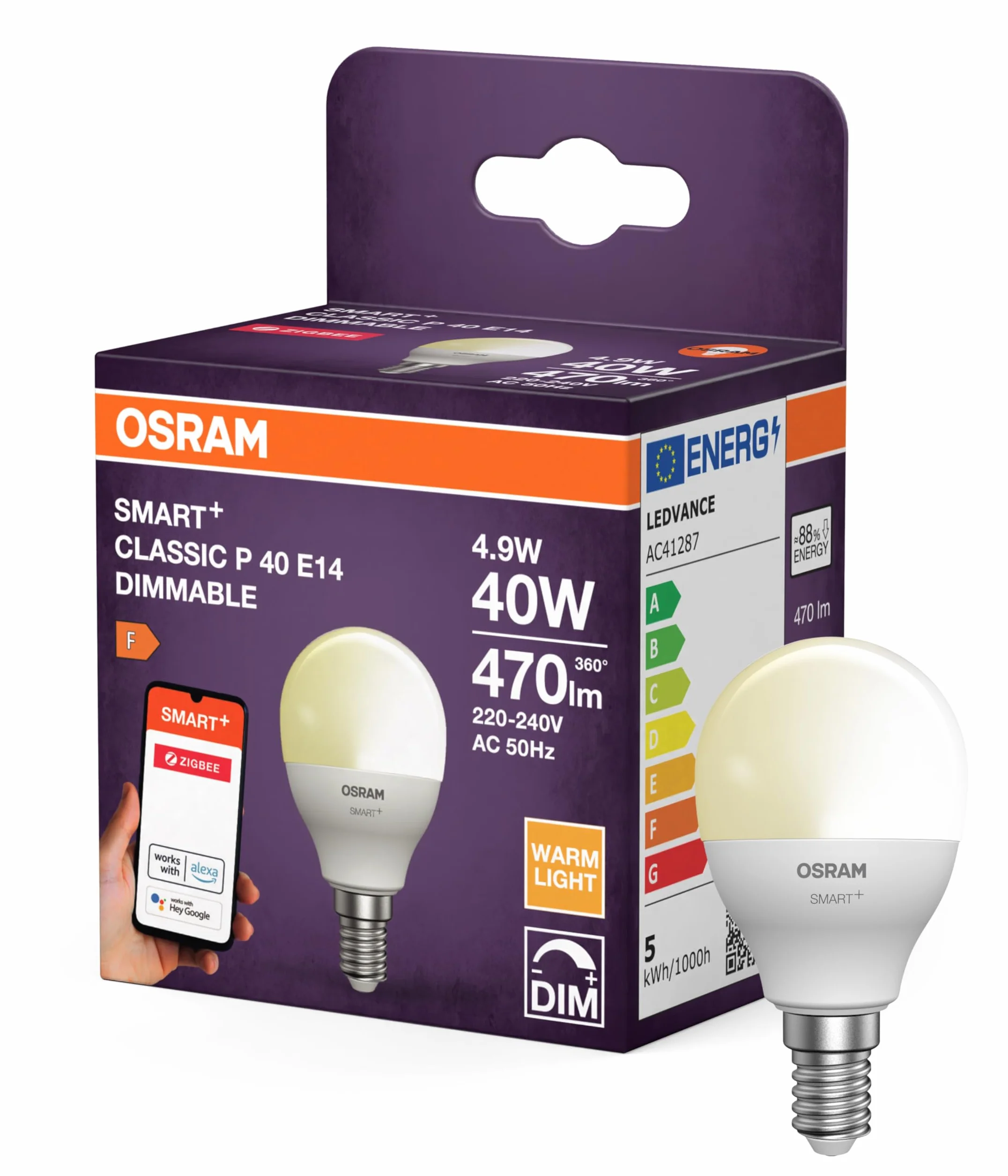 OSRAM Żarówka SMART Zigbee w klasycznym kształcie mini kuli, P40 ściemnialna, 4,9 W, matowa, E14, w kolorze białym, ochrona IP20, do ogólnego oświetlenia prywatnego i komercyjnego