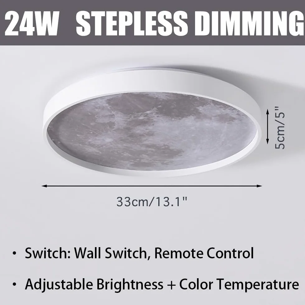 Lampa sufitowa LED księżycowa, bardzo cienka, okrągła, symulacja, księżyc, żyrandol, przedpokój, do sypialni, salonu, chłopców, dziewcząt, sypialni, 33 cm, 13,1''