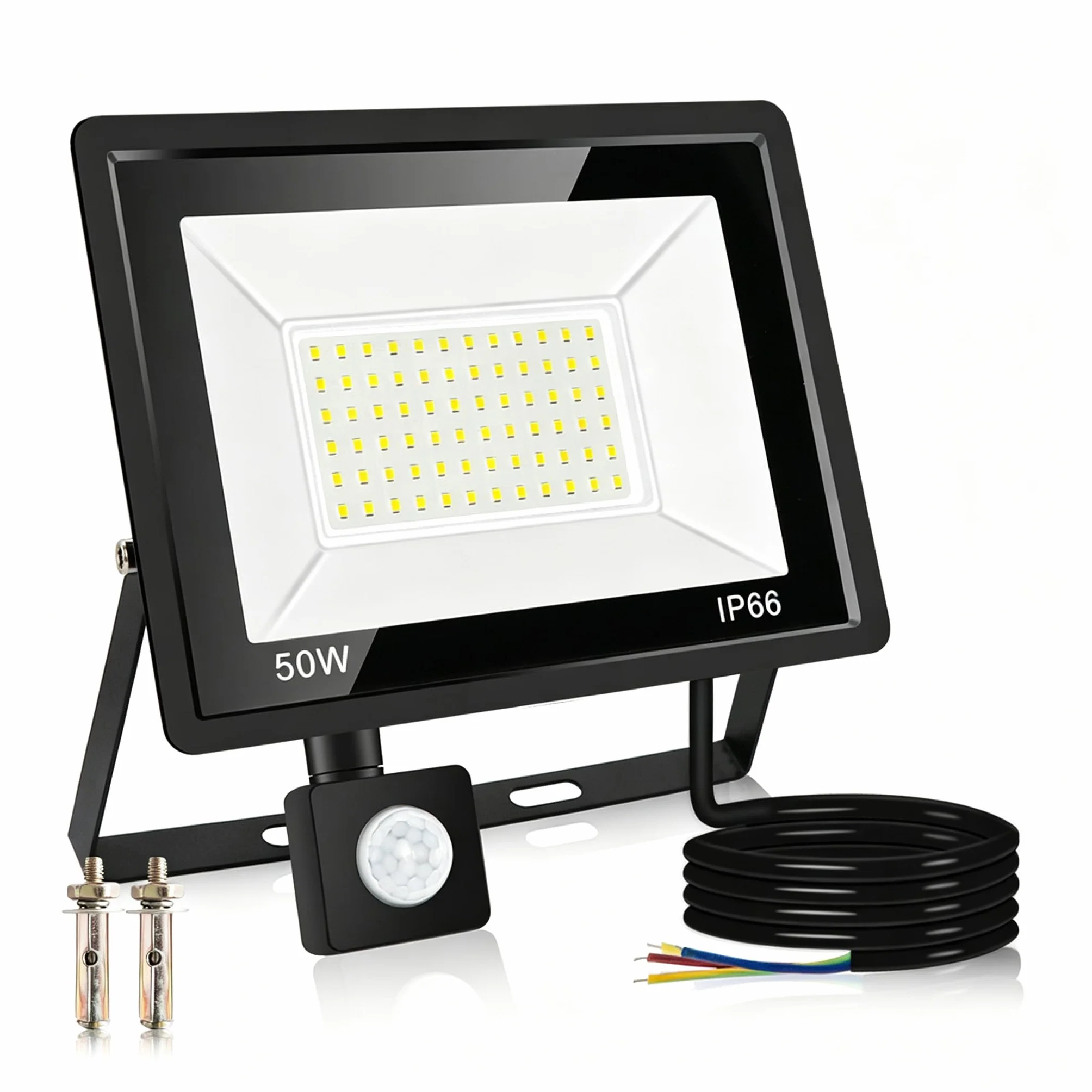 Caldarax Zewnętrzny reflektor LED z czujnikiem ruchu 50 W, 4500 lm, zimna biel, 6500 K, zewnętrzny reflektor LED z czujnikiem, wodoszczelność IP66, oświetlenie bezpieczeństwa do garażu, ogrodu, na