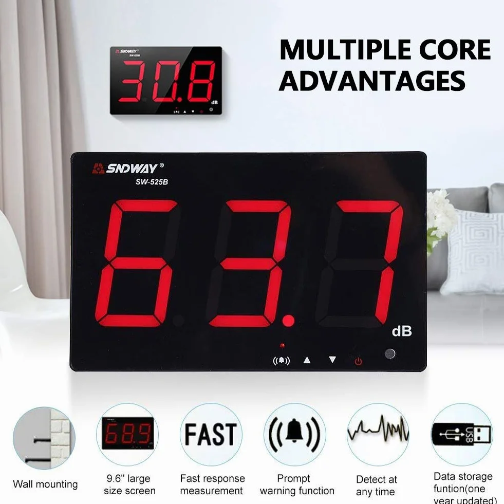 Miernik Poziomu Dźwięku SW-525B, 30-130 dB, Wyświetlacz LCD 9.6 Cala, USB, Montaż Ścienny, Rejestrator Danych z Alarmem, Czarny, 210x130x28mm