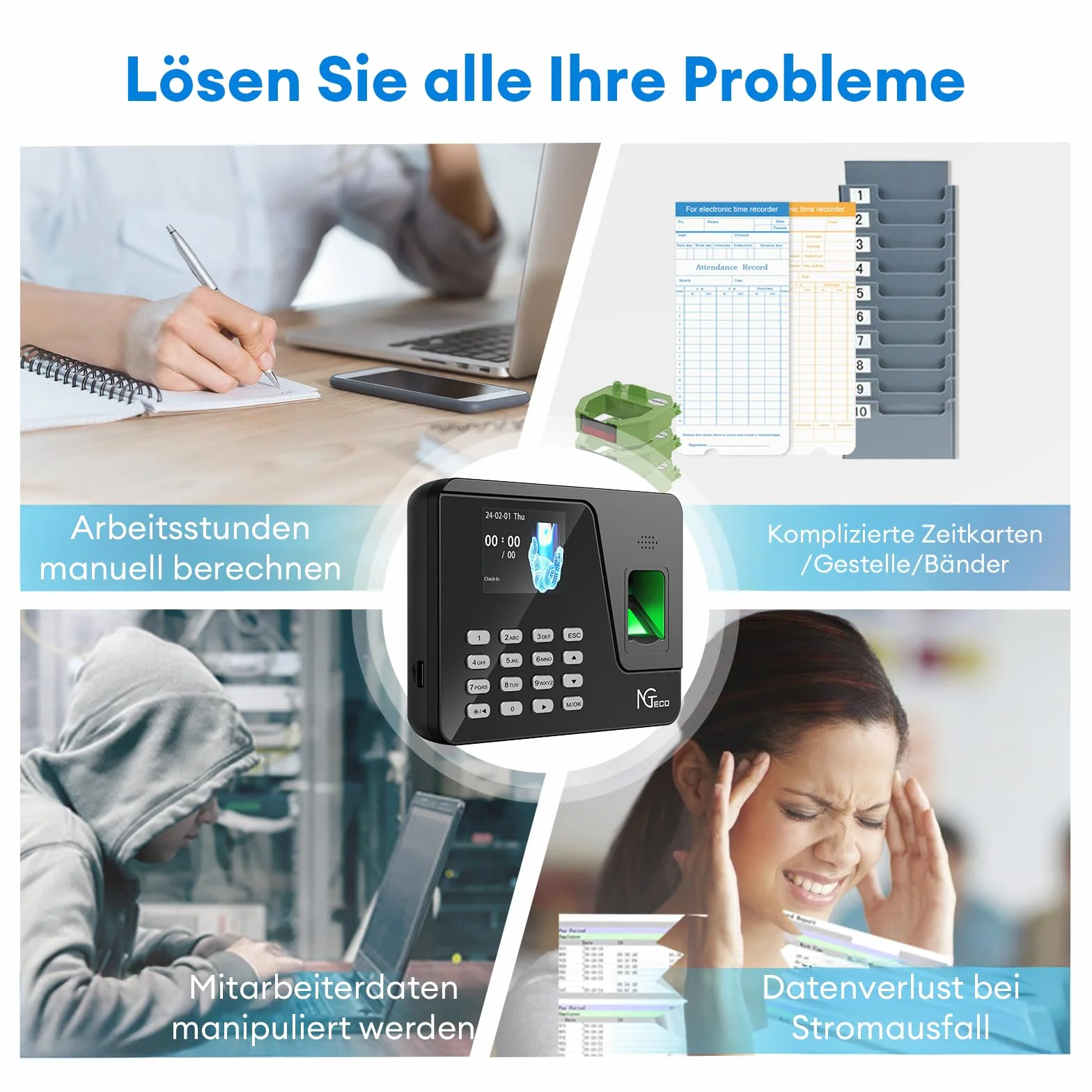 NGTeco Zegar w maszynie dla pracowników, konfiguracja administratora, automatyczne obliczanie czasu pracy, biometryczny odcisk palca, maszyna do obsługi hasła, zegar czasu pracownika z opłatą