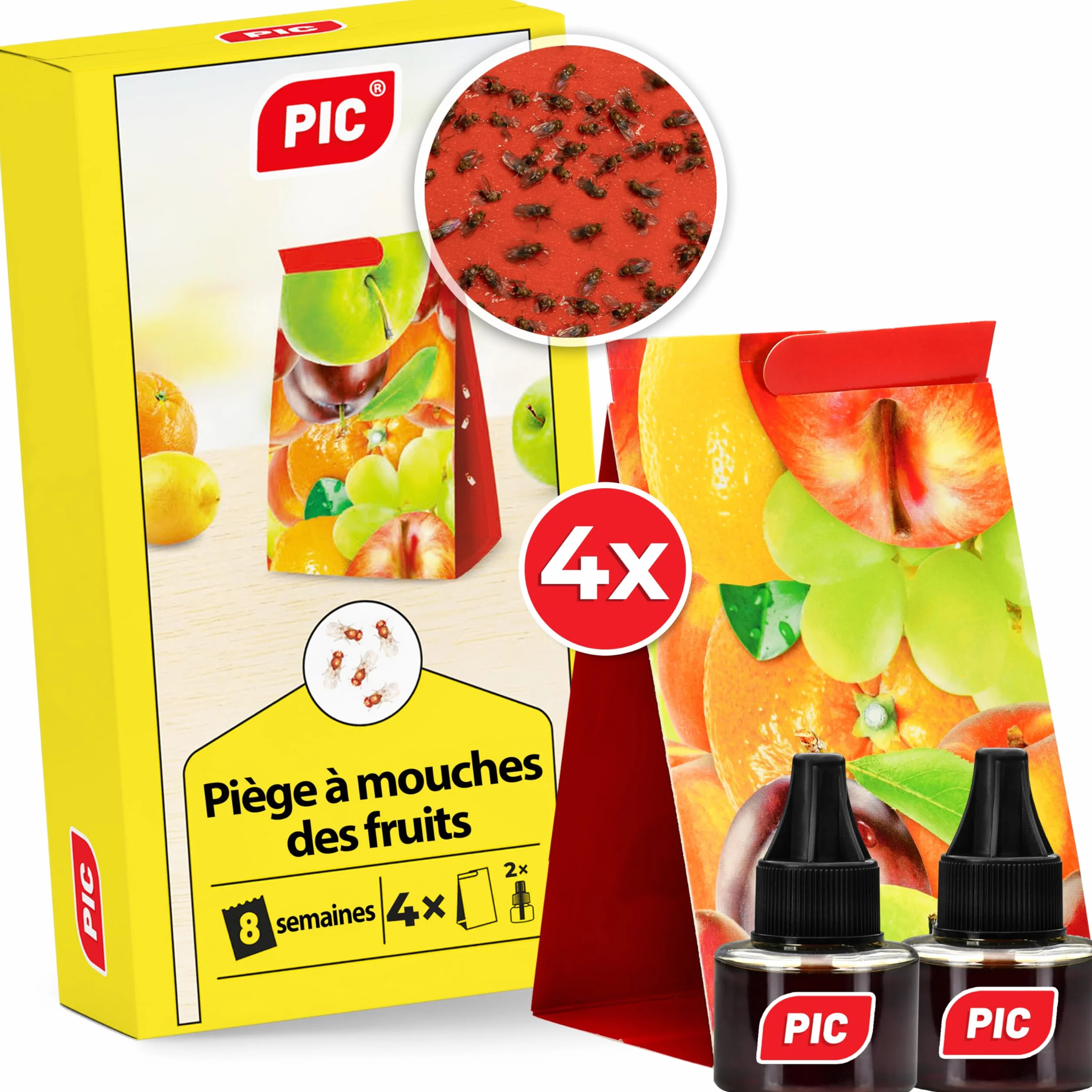 PIC pułapka na muszki owocówki z taśmą klejącą przeciwko muszkom owocówkowym - pułapka na muszki owocówki do użytku wewnętrznego, pułapka na muchy idealna w kuchni, 2 pojemniki z substancją