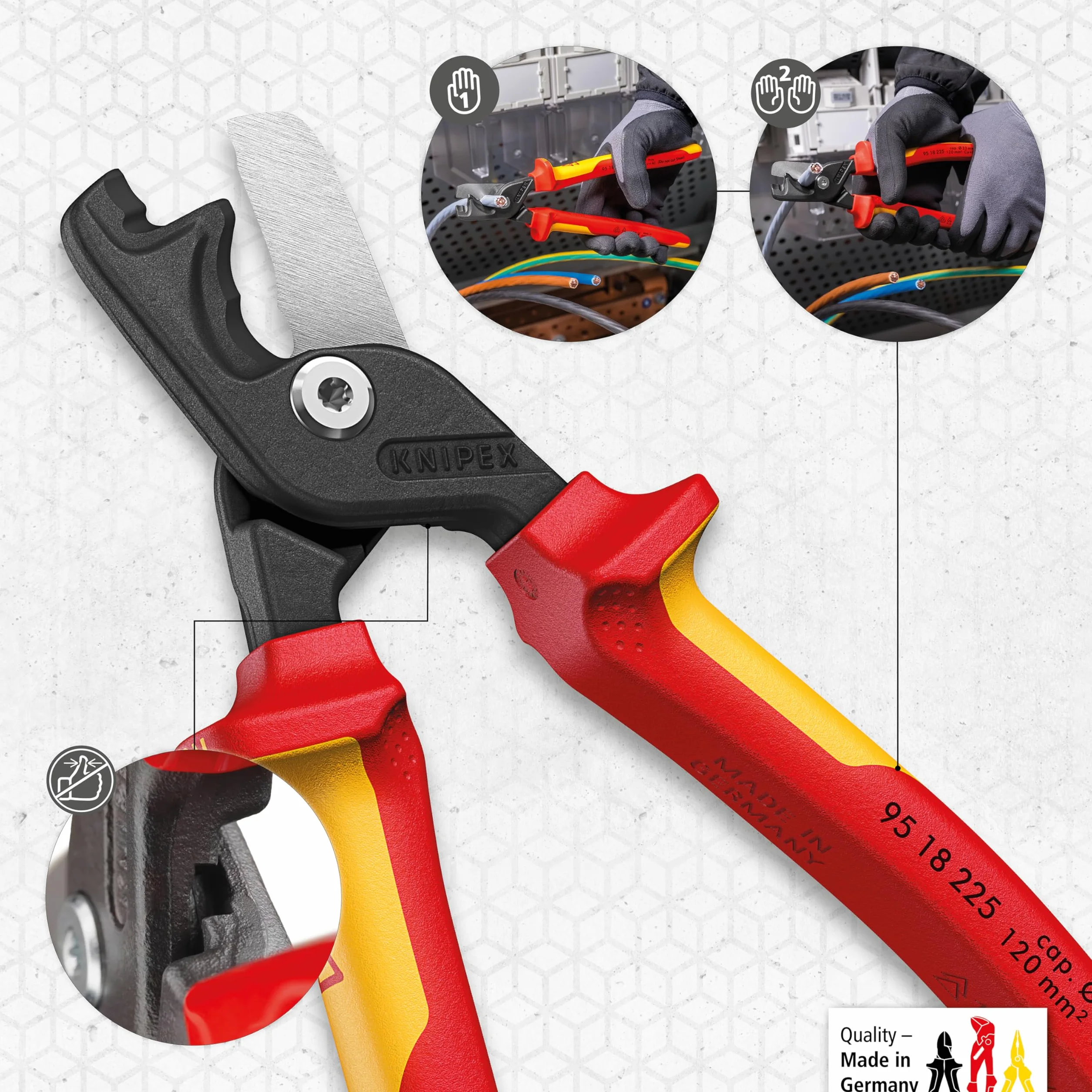 KNIPEX StepCut XL Nożyce do kabli ze stopniowanymi krawędziami tnącymi rękojeść dwukomponentowa izolowana wg VDE 225 mm, 95 18 225