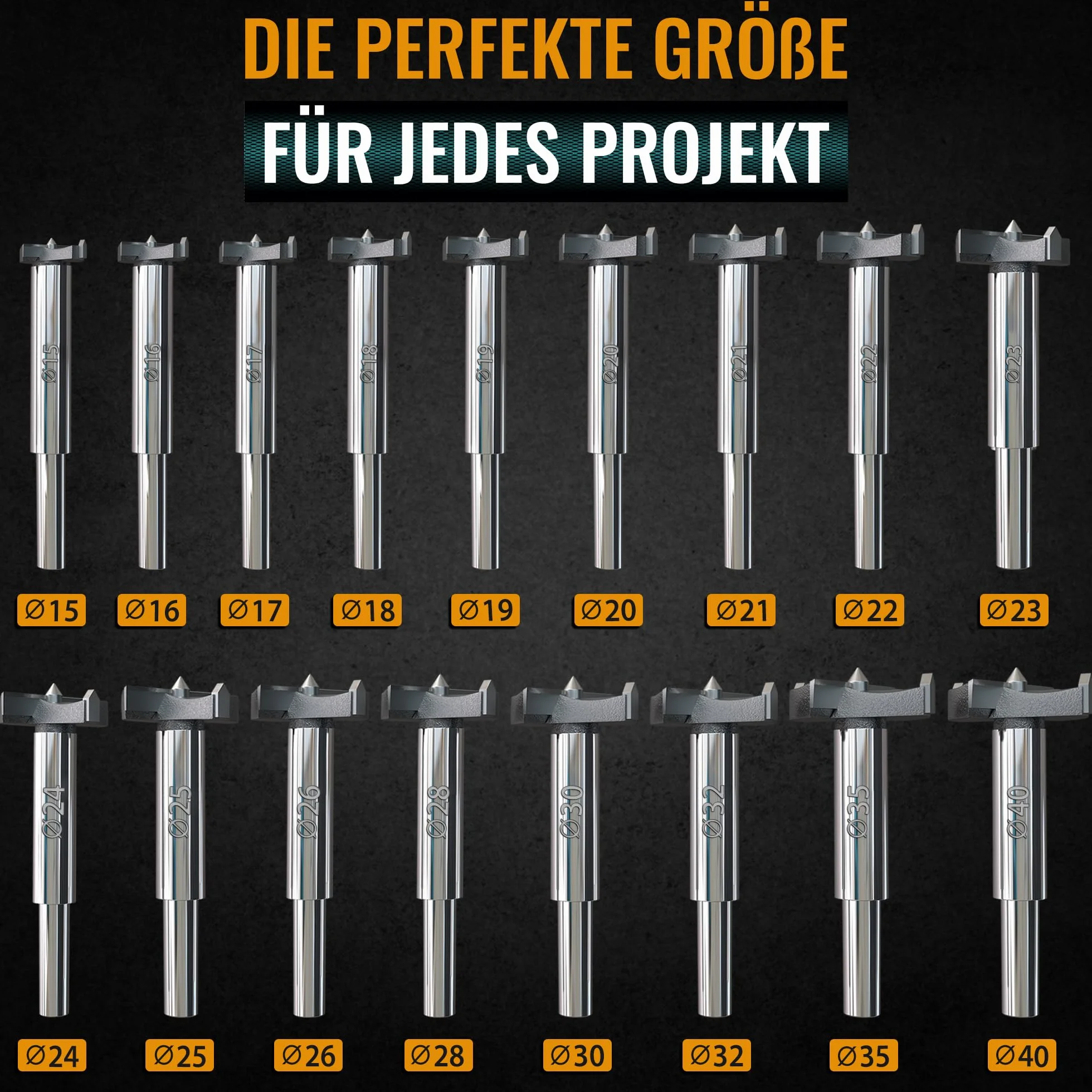 Hinrichs Zestaw wierteł Forstner 17 sztuk w plastikowa obudowa - Wiertło do drewna od 15 do 40 mm - Wiertło do otworów w gałęziach - Wiertła Forstnera - Zestaw wierteł precyzyjnych